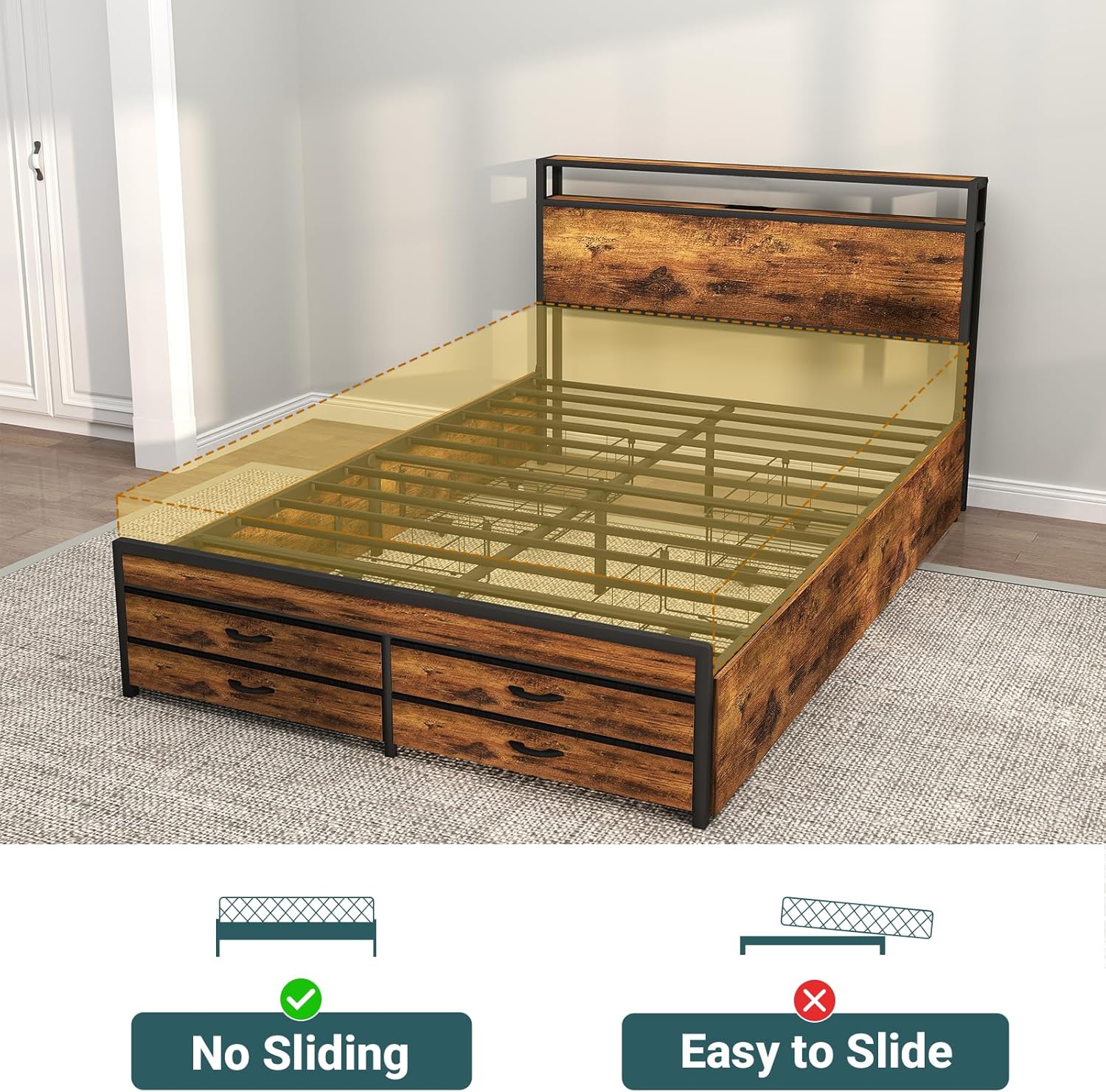 Zevemomo Full Size Bed Frame with 8 Storage Drawers, Full Platform Bed with Headboard, Charging Station, LED Light, Noise-Free Design, No Box Spring Required, Brown