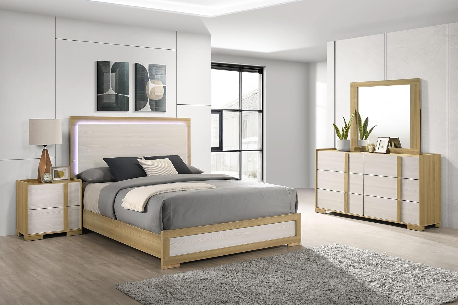 Coaster Home Furnishings Hyland Coastal 4-Piece Bedroom Set Upholstered Queen Size LED Panel Bed Frame 52-inch Headboard Natural 215651Q-S4