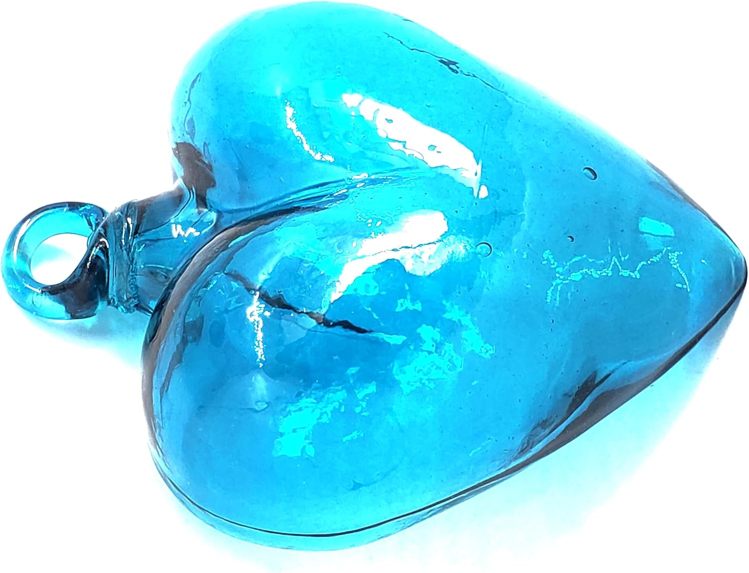 Aqua Blue 5.1 inch Large Hanging Glass Hearts (Set of 6), Recycled Blown Glass Ornaments (LGE Aqua Hearts)
