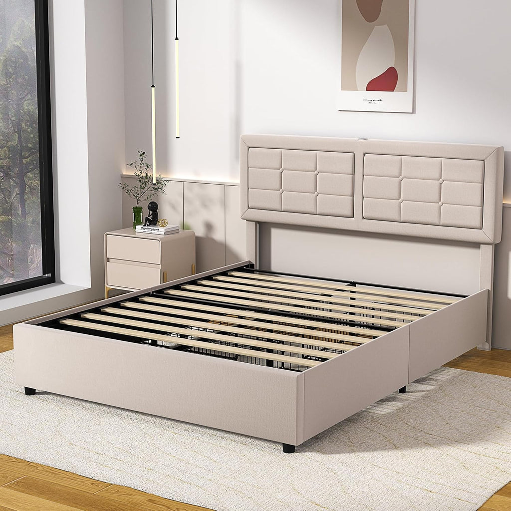 VECELO Full Size Bed Frame with 4 Storage Drawers & Adjustable Headboard, Built-in Charging Station, Upholstered Bedframe with Wood Slats Support, Beige