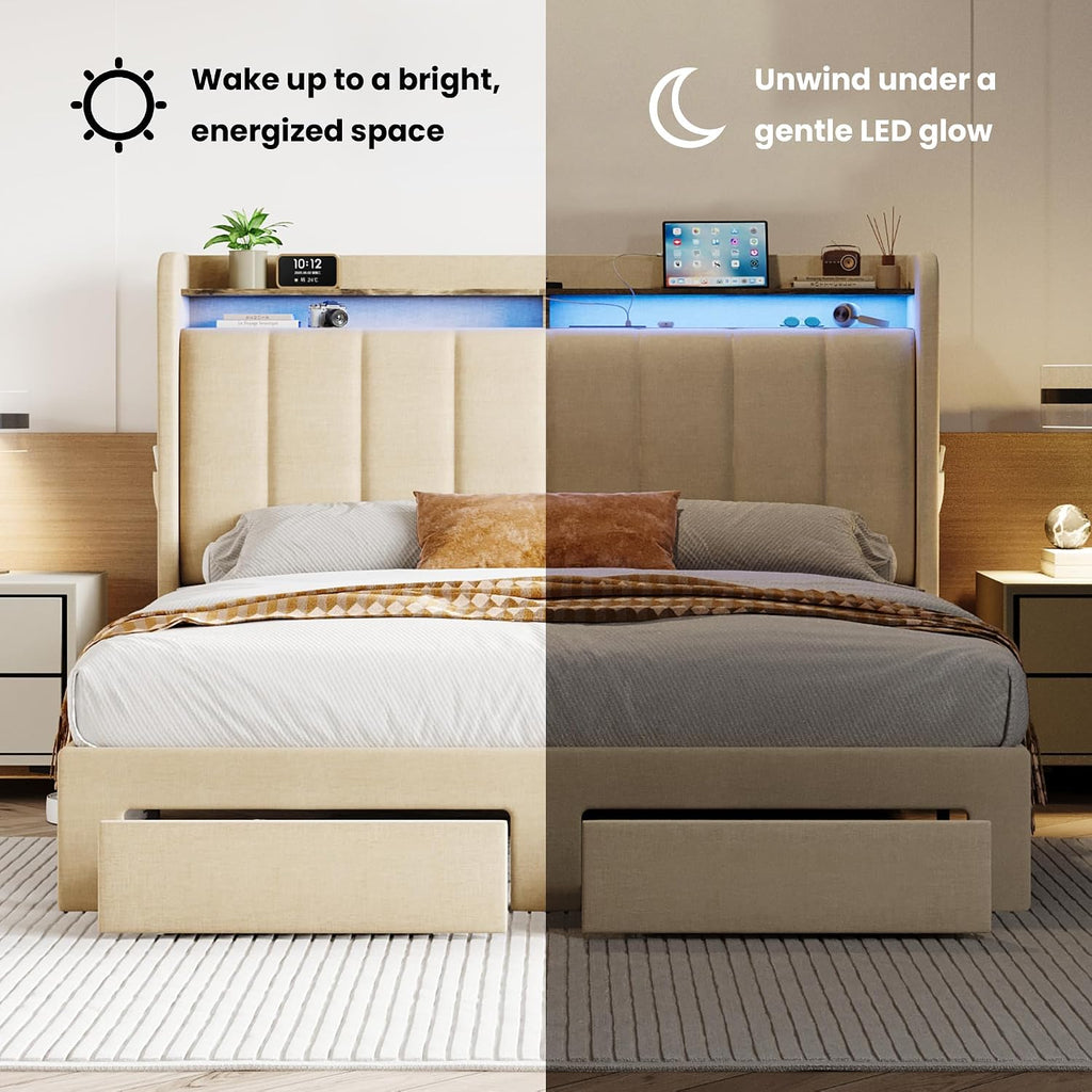 SHA CERLIN Queen Platform Bed Frame with Vertical Channel Tufted Wingback Headboard & 2 Storage Drawers/2-Tier Shelves with LED Lights & Charging Station/Noise-Free/No Box Spring Needed/Beige