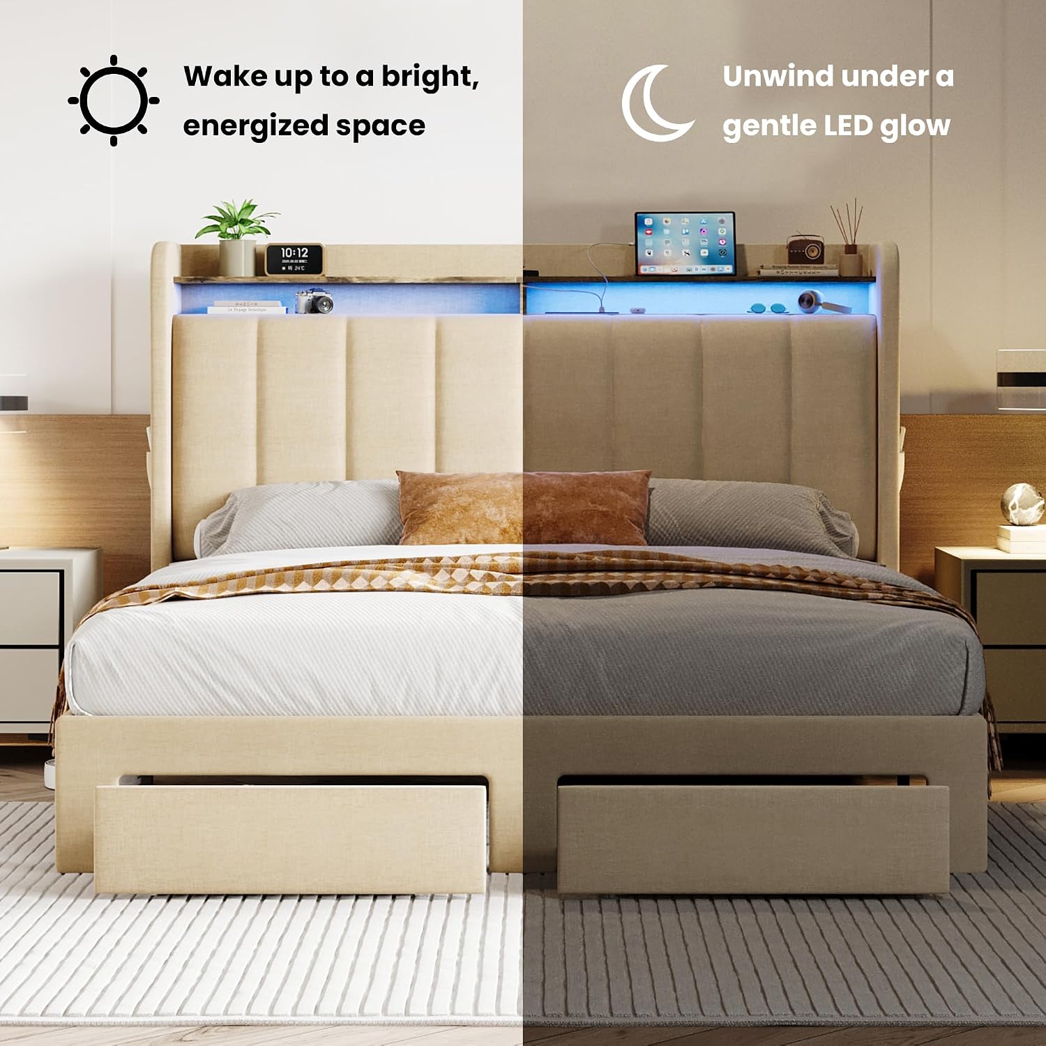 SHA CERLIN Queen Platform Bed Frame with Vertical Channel Tufted Wingback Headboard & 2 Storage Drawers/2-Tier Shelves with LED Lights & Charging Station/Noise-Free/No Box Spring Needed/Beige