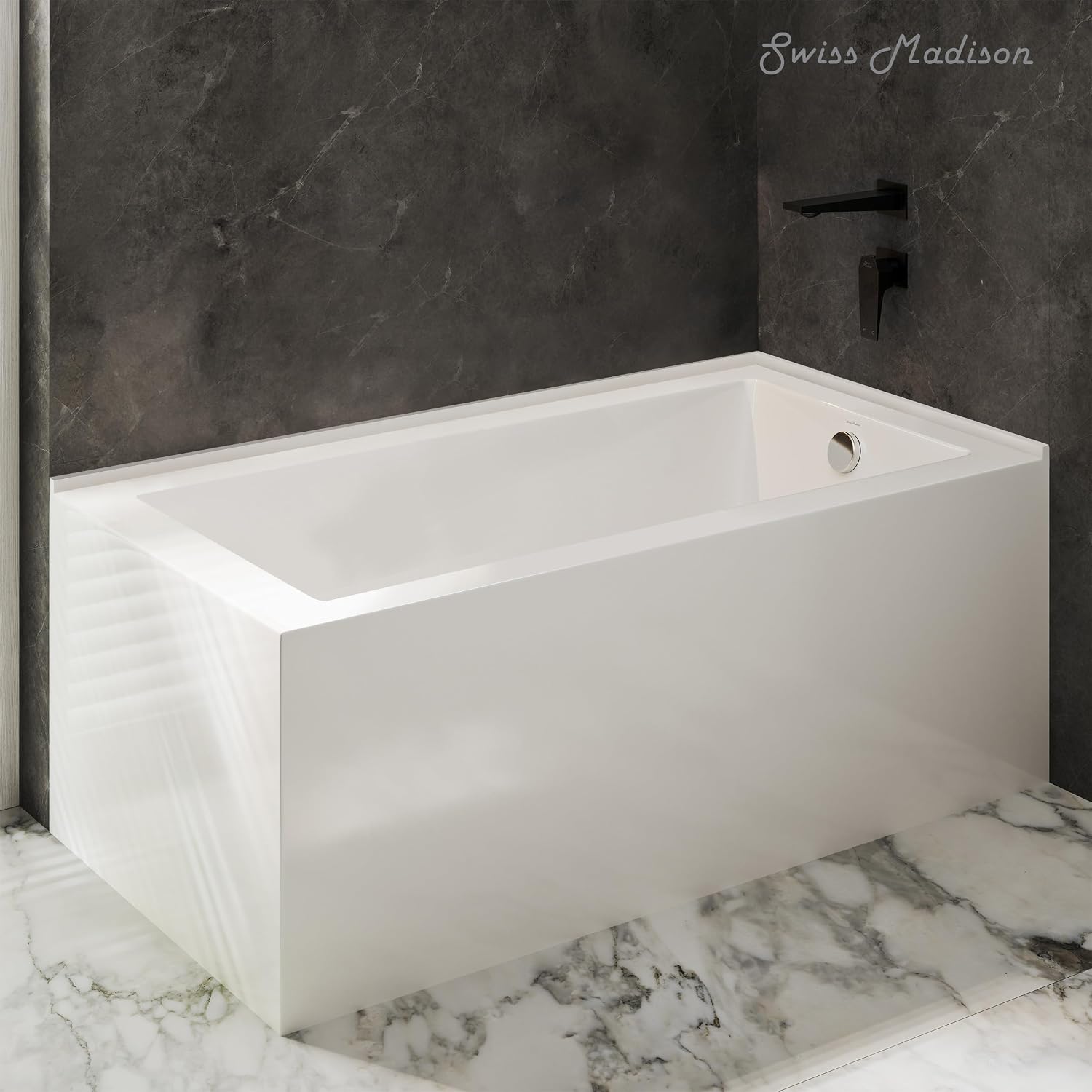 Swiss Madison Voltaire 72 x 36 Right Drain Soaking Alcove Corner Apron Bathtub in Glossy White