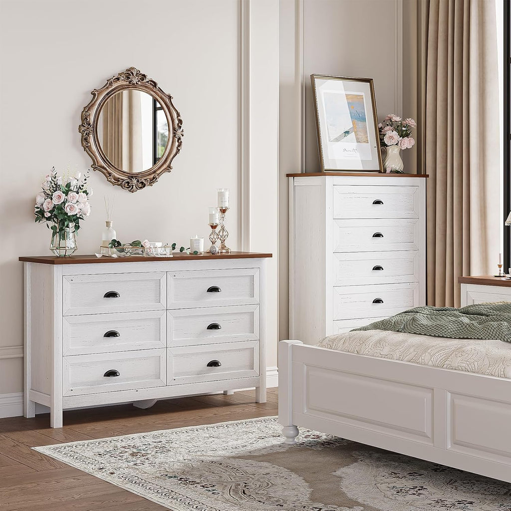 SINROM Farmhouse 2-Piece Bedroom Dresser Set, 6 Drawer Wide Dresser & 5 Drawer Tall Dressers, Distressed Wood Grain Finish with Shell Handles, Dressers Chest of Drawers for Bedroom