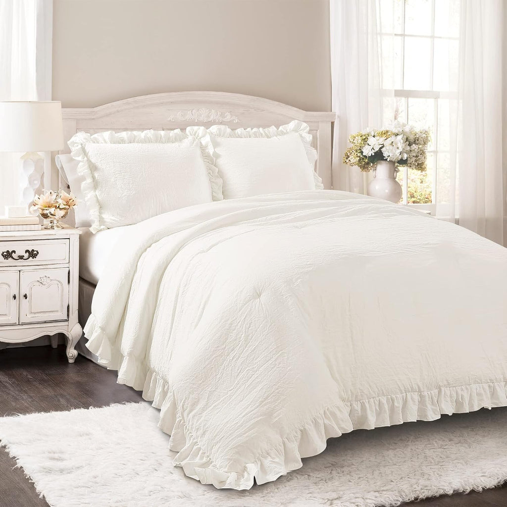 Lush Decor Reyna Ruffle Comforter Set - 3 Piece Cozy Ruffled Bedding Set - Timeless Elegance and Comfort for Dorm Room - Full/ Queen, White