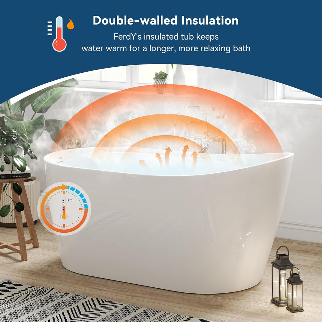 FerdY Lana'i 60' Freestanding Bathtub, Gracefully Shaped Freestanding Soaking tub, cUPC Certified, Matte Black Drain Assembly Included
