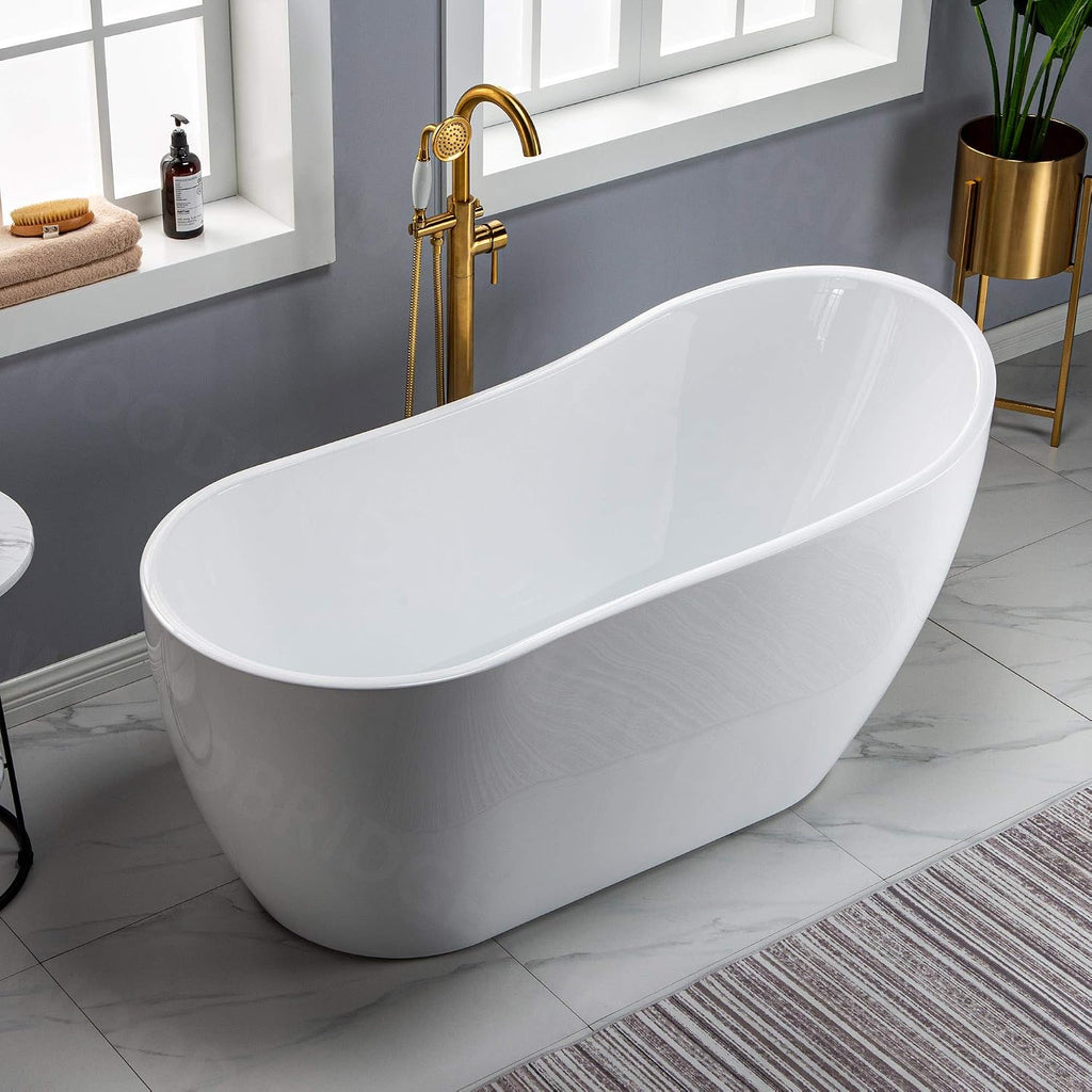 WOODBRIDGE 59' Acrylic Freestanding Bathtub Contemporary Soaking White Tub with Brushed Gold Overflow and Drain， B1530 -BG-Drain &O