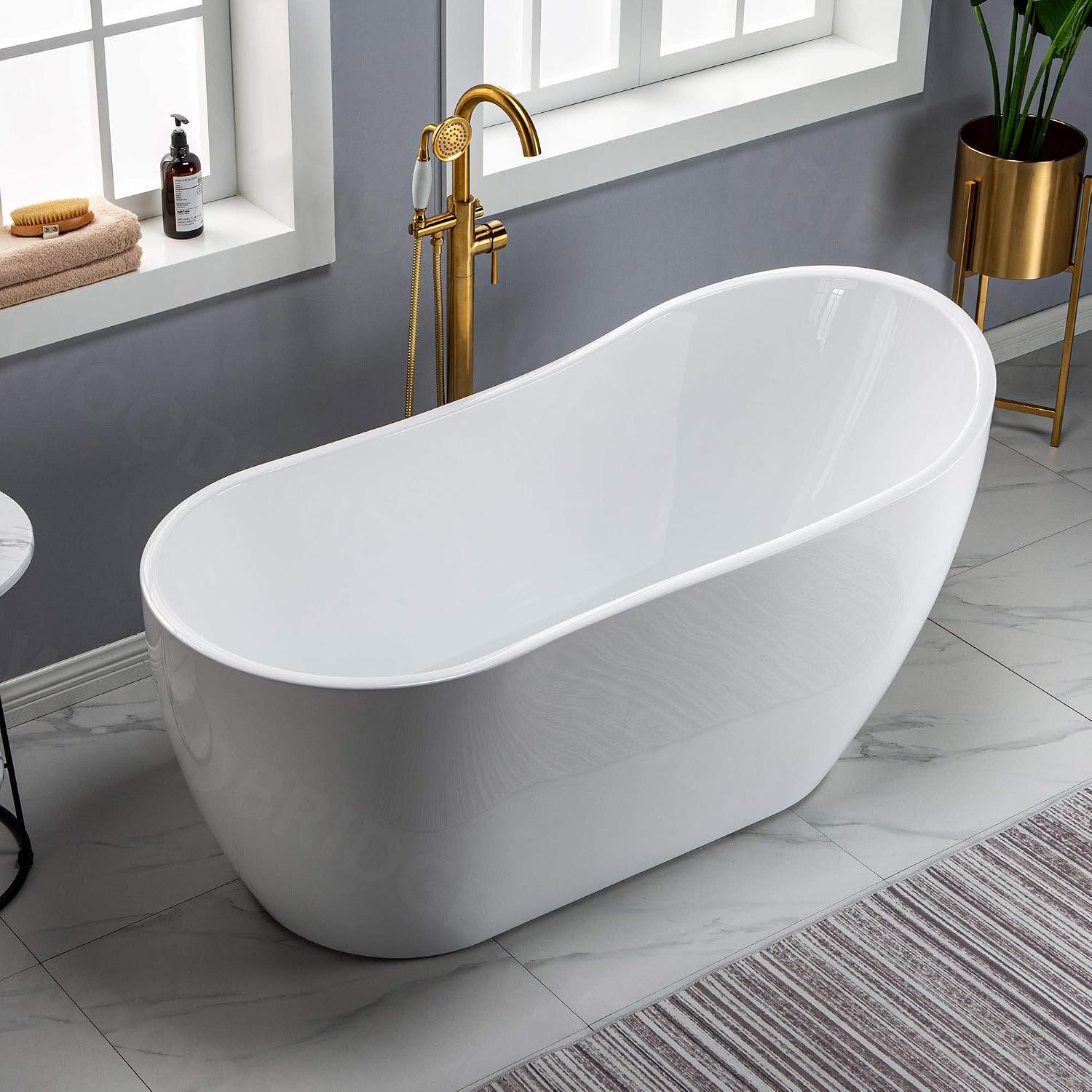 WOODBRIDGE 59' Acrylic Freestanding Bathtub Contemporary Soaking White Tub with Brushed Gold Overflow and Drain， B1530 -BG-Drain &O