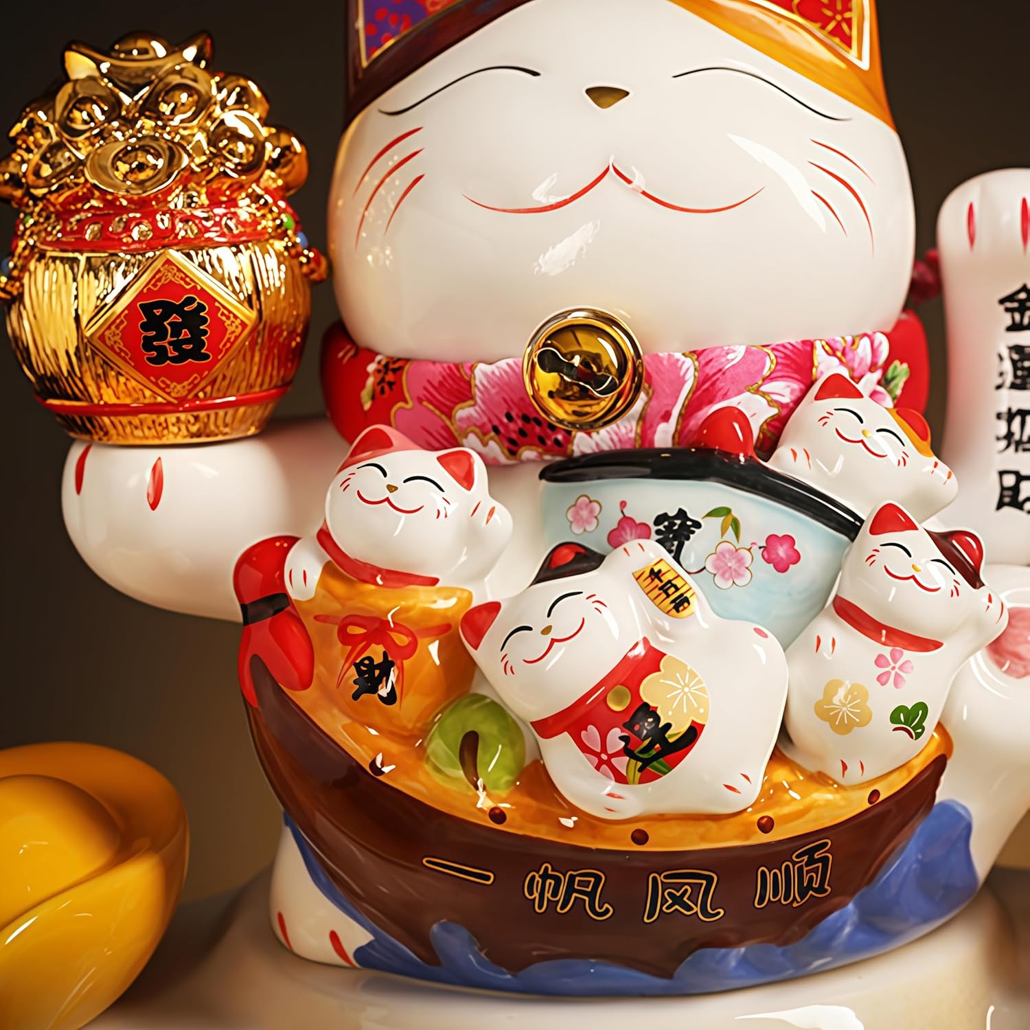 Fish Tank with Maneki Neko, Money Lucky Cat, Tabletop Water Fountain Indoor, Feng Shui Decor & Gifts for Home, Feng Shui Statue, Chinese New Year Decoration, Chinese Decor & Gifts (B)