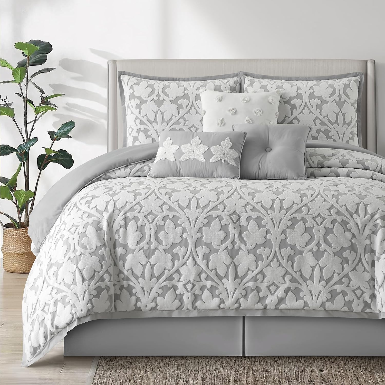 LANCO MODERN LIFESTYLE 7 Pieces Comforter Set, California King, White Grey, Jacquard Floral Pattern and Classy Damask Medallion Design, Ultra Soft, Includes Bed Skirt, Shams and Decorative Pillows