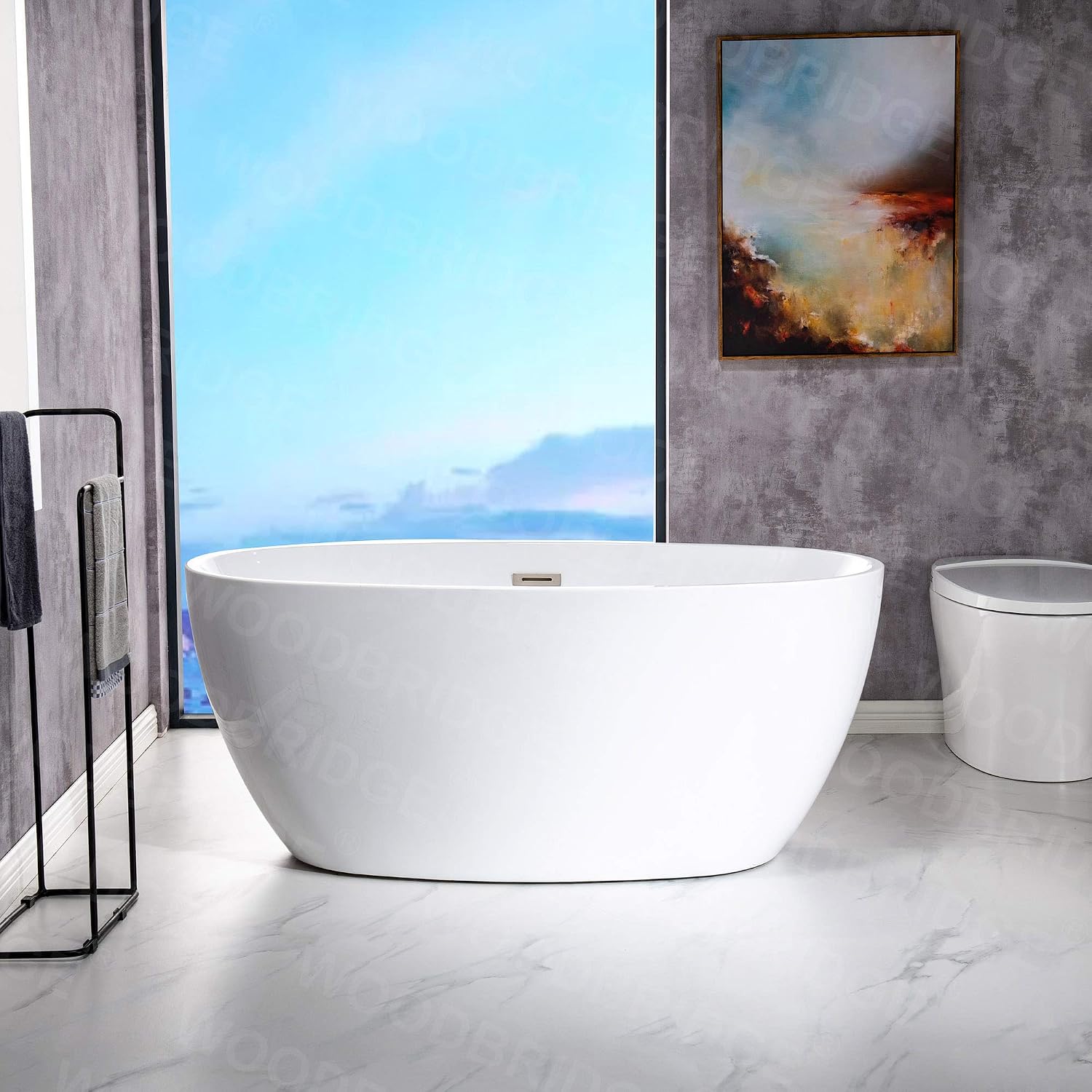 WOODBRIDGE 55' Acrylic Freestanding Bathtub Contemporary Soaking White Tub with Brushed Nickle Overflow and Drain，B1418 -B/N-Drain &O