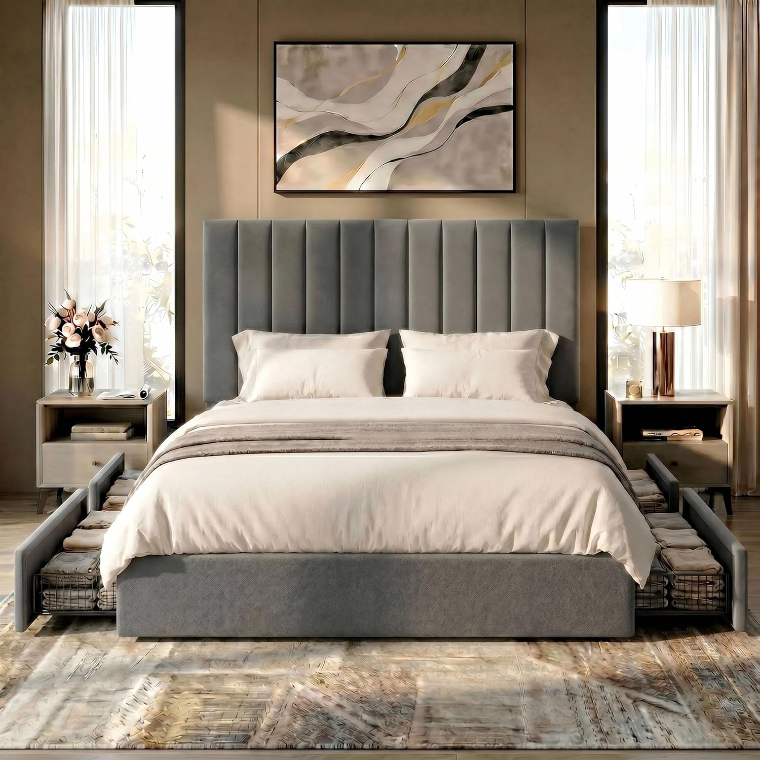 SHA CERLIN Queen Size Platform Bed Frame with 4 Storage Drawers, Vertical Channel Tufted Adjustable Headboard, Velvet Upholstered, Wooden Slats Support, No Box Spring Needed, Easy Assembly, Grey