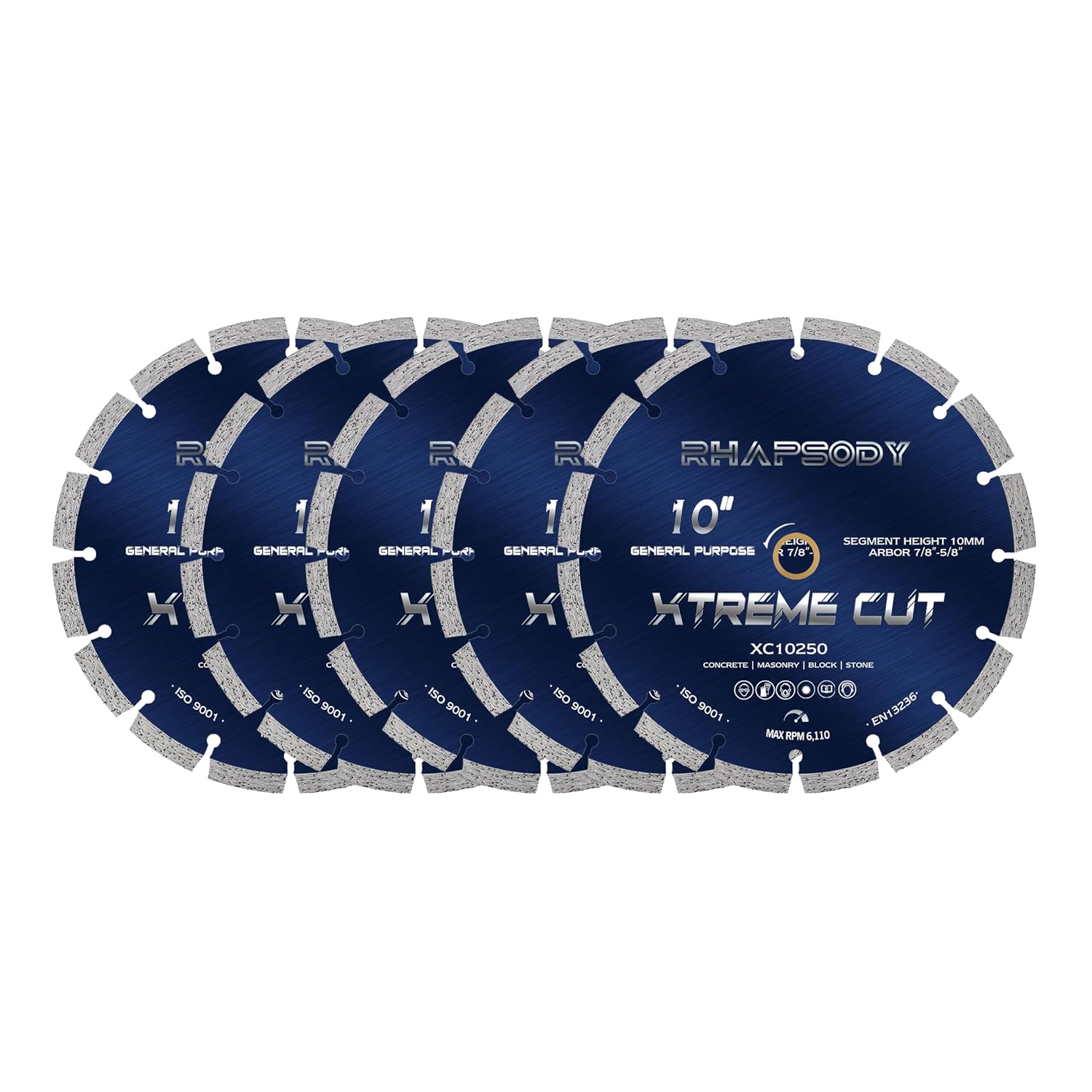RHAPSODY 10 Inch Diamond Saw Blade 5Pcs, Segmented General Purpose Blade Dry/Wet Cutting Concrete, Masonry,Granite,Brick, Block,7/8'-5/8' Arbor