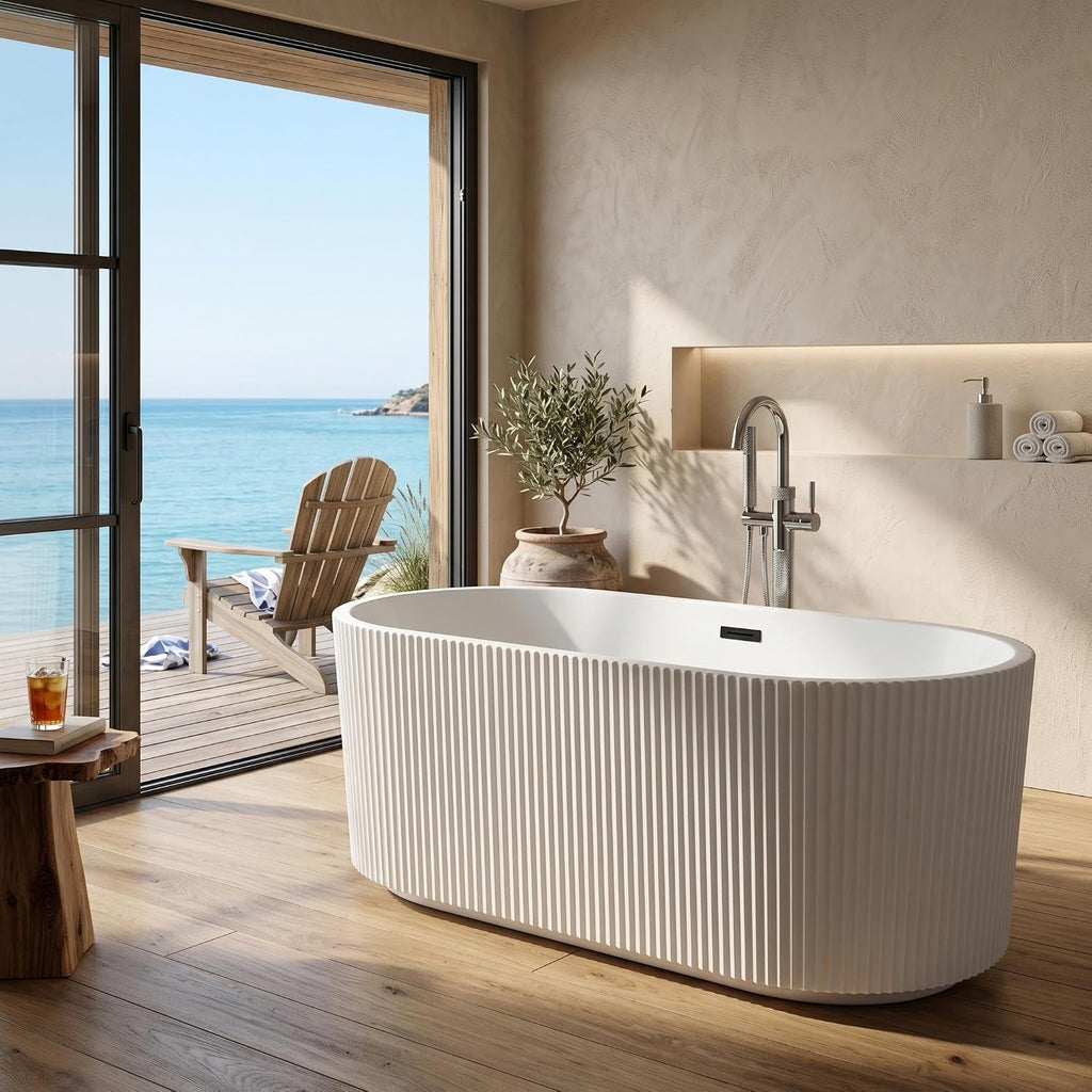 59' Acrylic Freestanding Soaking Bathtub, Deep Ergonomic Design with Lumbar Support, Integrated Overflow Drain, Non-Slip Base,cUPC Certified Modern Bathroom Tub, Easy Installation for Bathroom