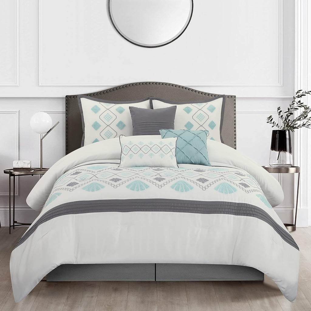 Grand Avenue Blue Fan-Shaped King Comforter Set, 7 Piece, Terry Embroidery Geometric Bedding Sets & Collections, Bedskirt, Pillows & Shams