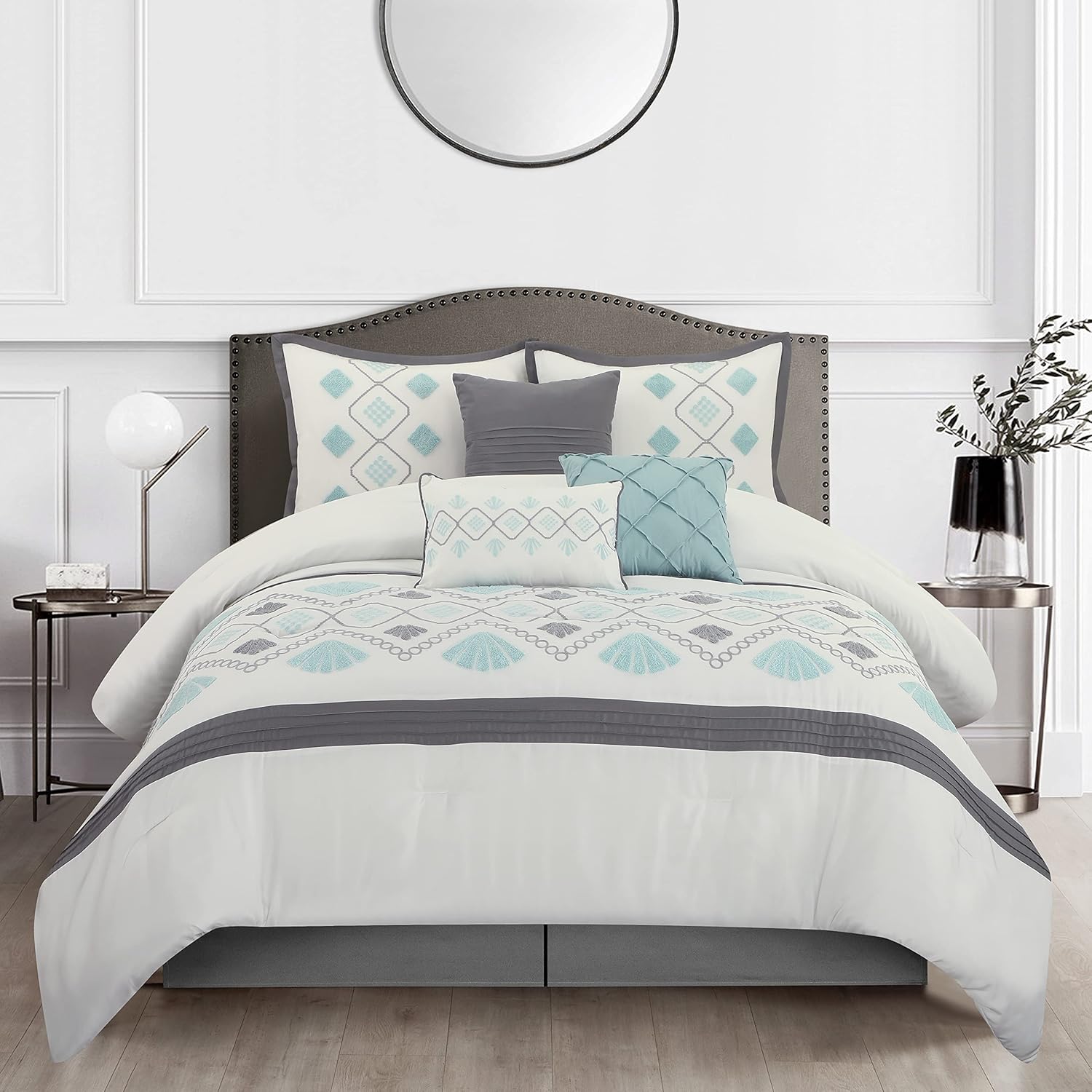Grand Avenue Blue Fan-Shaped King Comforter Set, 7 Piece, Terry Embroidery Geometric Bedding Sets & Collections, Bedskirt, Pillows & Shams