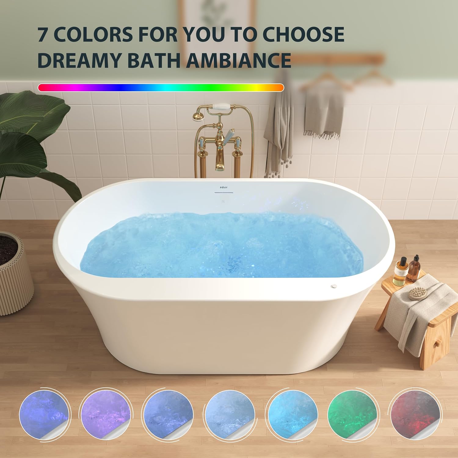 FerdY Mauritius 59 Inch Acrylic Freestanding Whirlpool Bathtub, Oval with 8 Air Water SPA Jets Morden White Stand Alone Jetted Tub, Luxury Acrylic Free Stand Deep Soaking Bath Tub