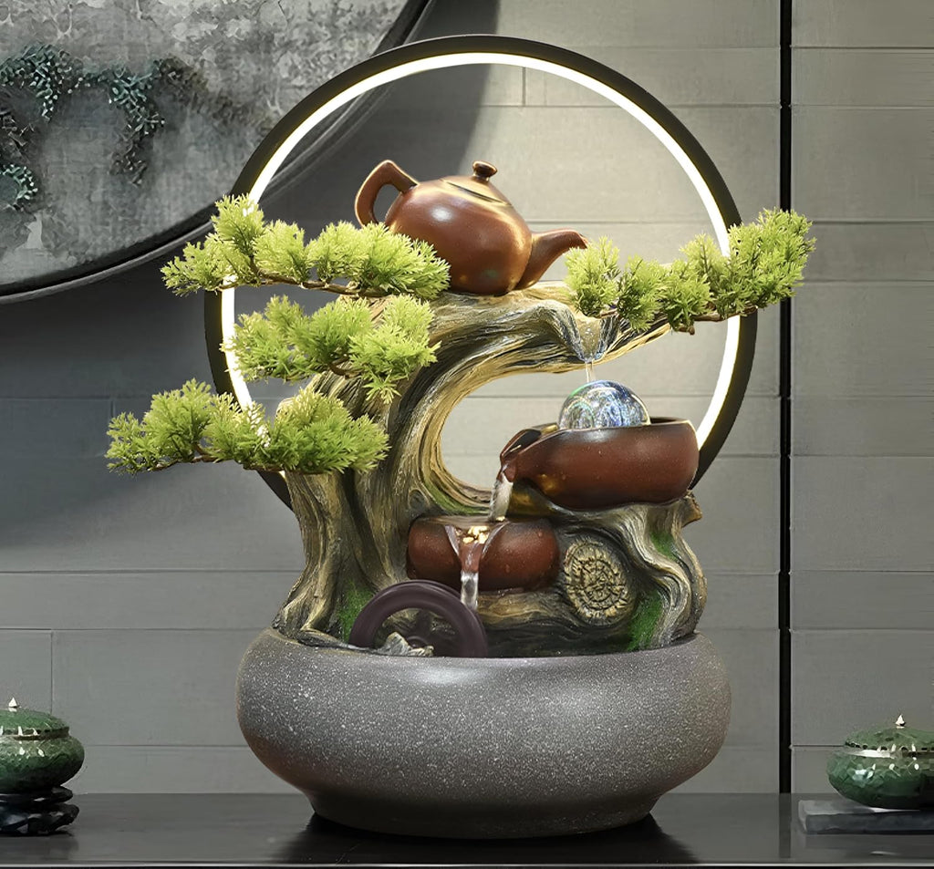 15.75 Inch-Tabletop Ceramic Fountain&5 Tiers of Flowing Water&Zen+Free 10 Crystals-Suitable for Indoor Meditation&Landscape&Good Luck-Fogging&LED Color Lights&Tea Pot