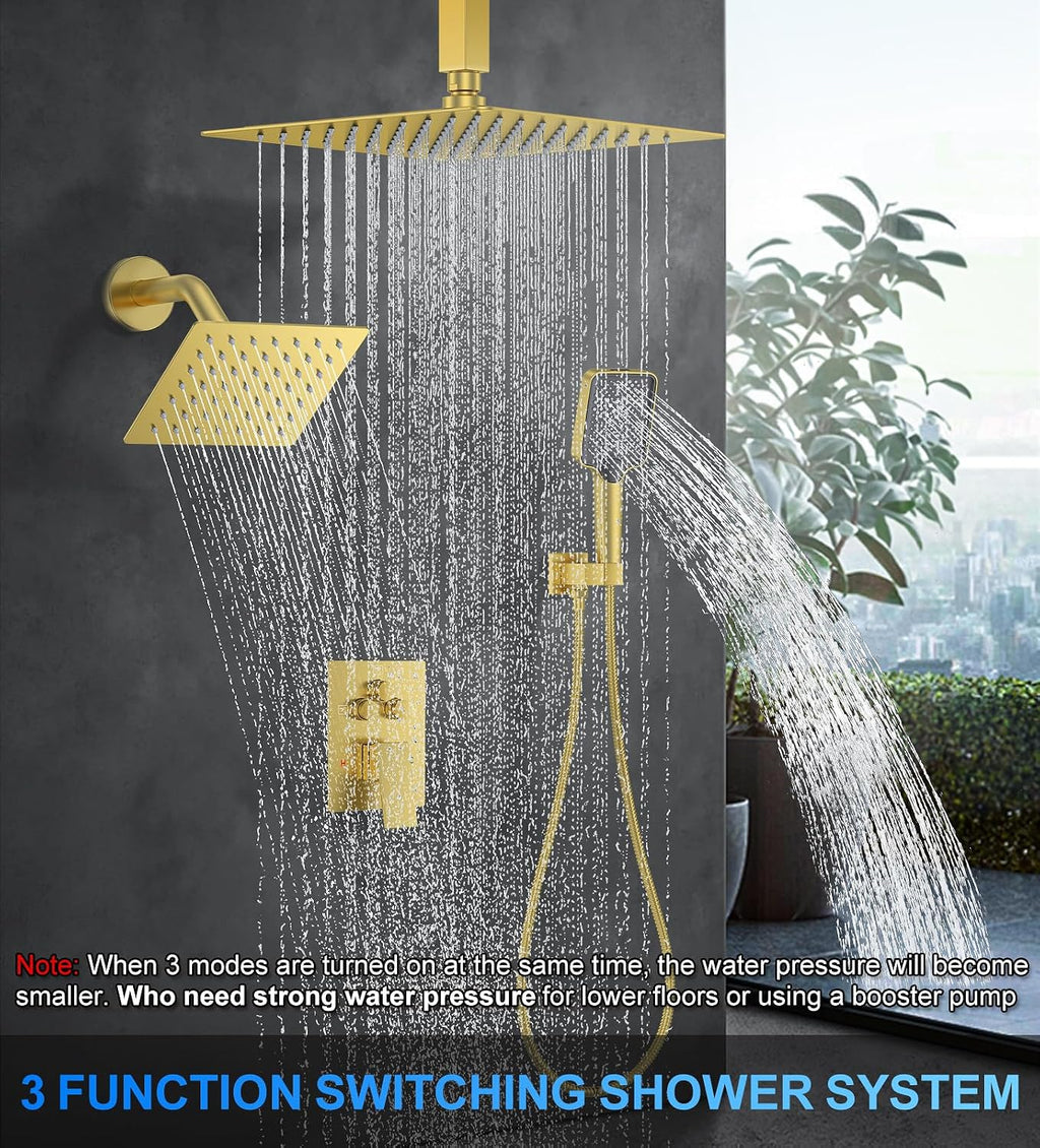 Shower Faucet Set, 12' Ceiling Mount Rainfall Shower System with 2 Rain Shower Head and Multi-function Handheld Head Push Button Diverter Shower Faucet Trim Kit (12', Brushed Gold)