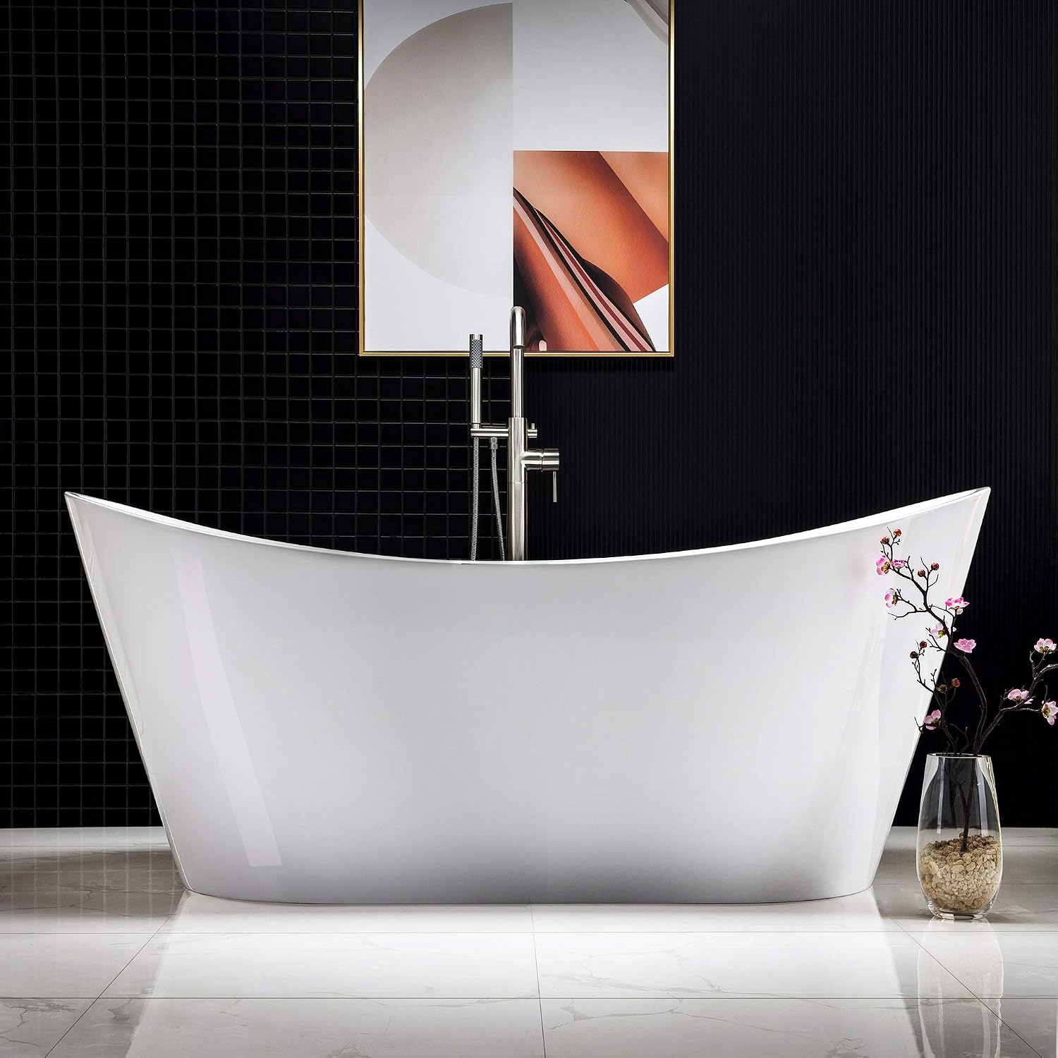 WOODBRIDGE 67' Acrylic Freestanding Bathtub Contemporary Soaking White Tub with Brushed Nickel Overflow and Drain，BTA1515-B-Drain&O