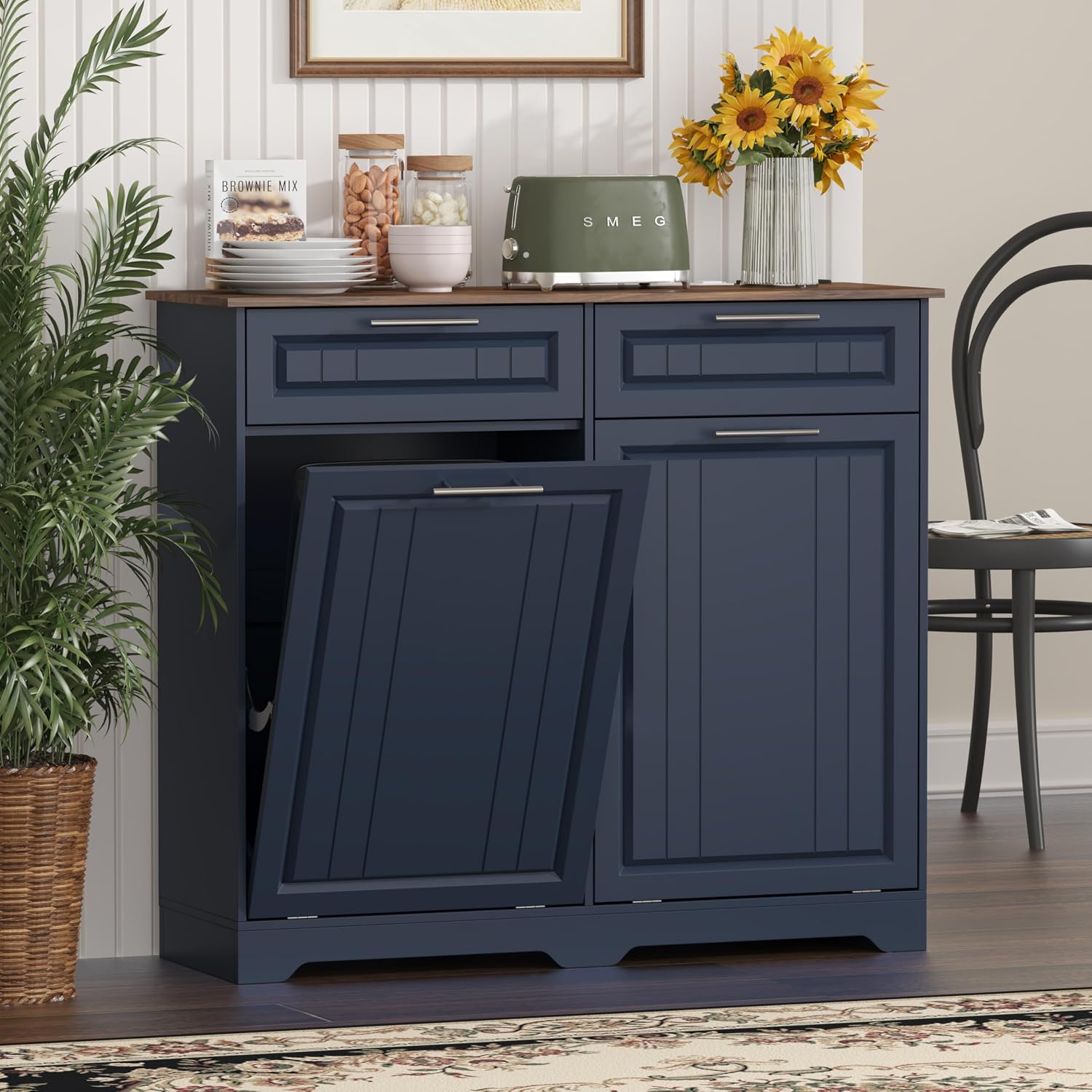 Double 10 Gallon Tilt Out Trash Can Cabinet with Deodorizing Function and Power Outlet, Wooden Hidden Garbage Can Holder with 2 Storage Drawers for Kitchen, Laundry Hamper Cabinet for Bathroom, Blue