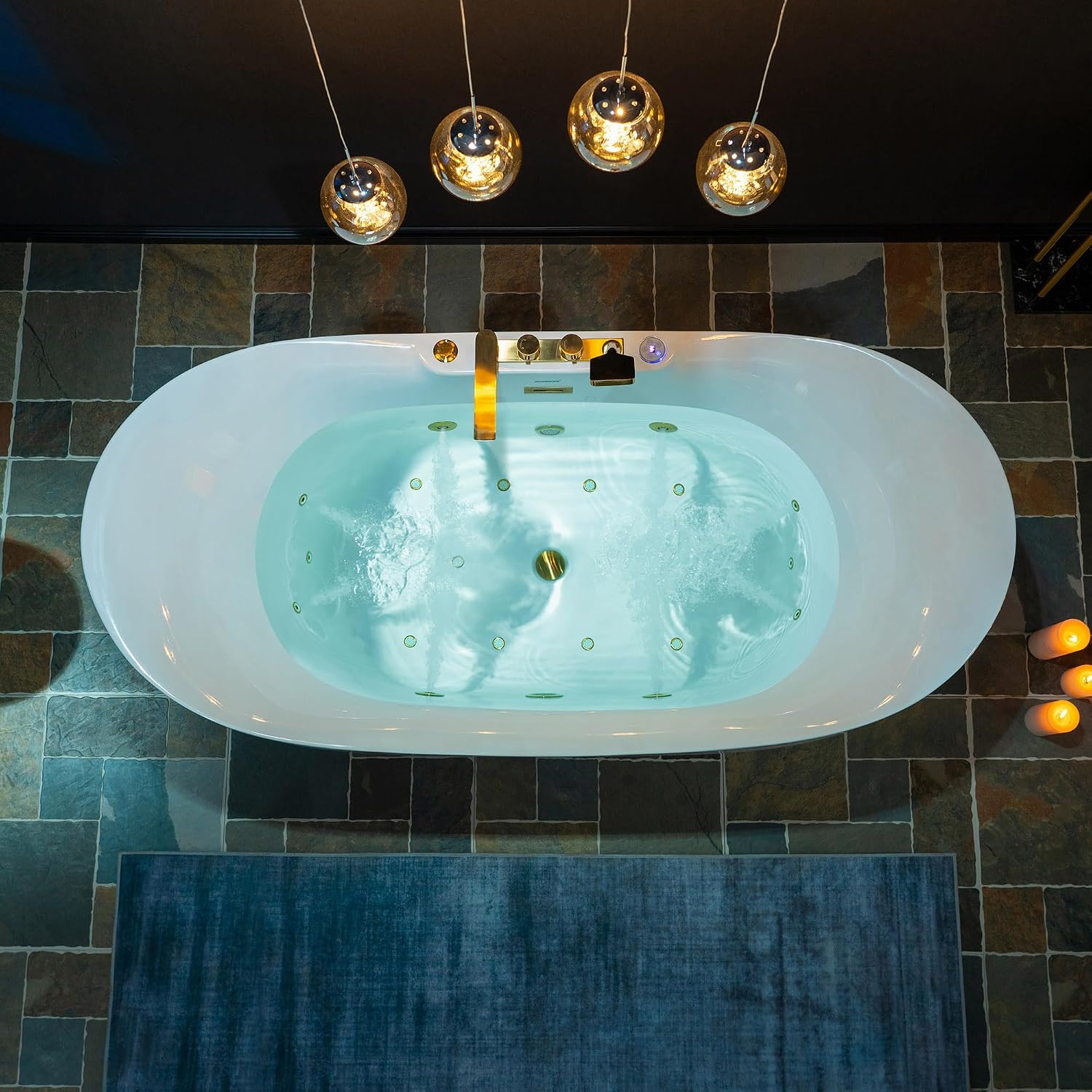 WOODBRIDGE 72' x 35-3/8' Whirlpool and Air Bath Heated Soaking Combination Tub with Adjustable Speed Air Blower and Display Control Panel, Brushed Gold Finish Trim and Drain Kit, BG400+F0045BG