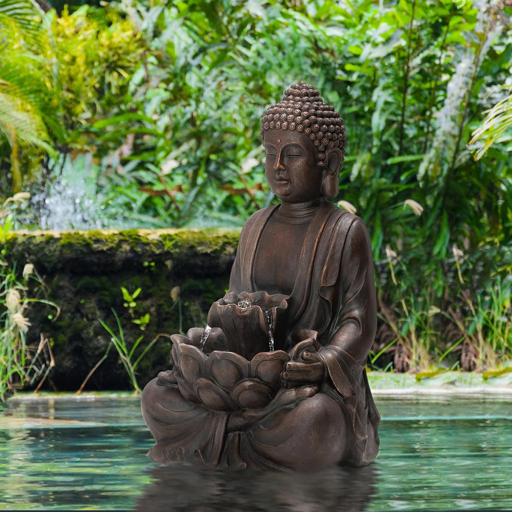 Glitzhome Outdoor Fountain 28' H, Large Zen Style Buddha Waterfall Fountains Indoor Water Fountain with Pump & LED Lights, Freestanding Water Feature Outside Garden Backyard Decor