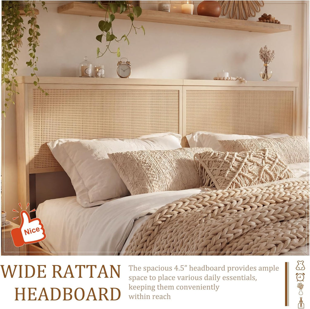 Brafab Natural Rattan Full Size Bed Frame with Wooden Headboard and 4 Storage Drawers, Boho Light Oak Bedframe Cane Wood Metal Platform Beds with Strong Wooden Slat, Noise Free, No Box Spring Needed