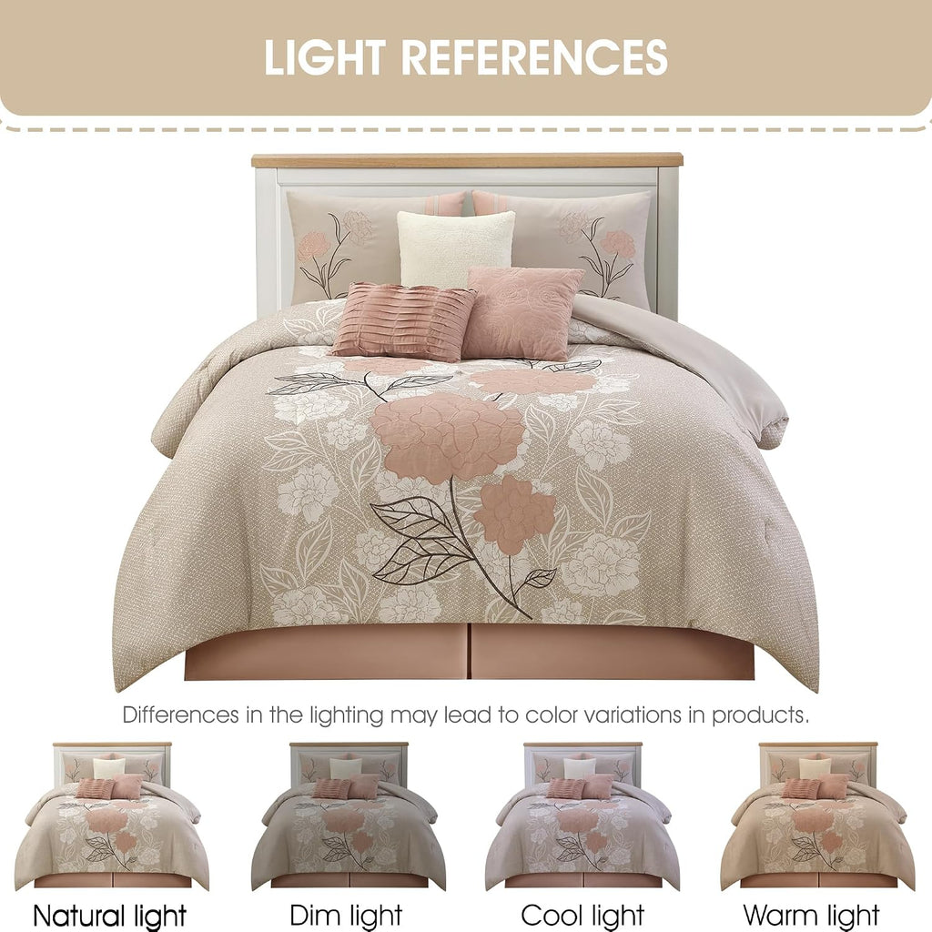 Grand Avenue Blush Bed Sets Queen with Comforter, 7 Piece, Bedding Comforters & Sets, Pillow Shams Bedskirt, Floral Comforters, Home Decor