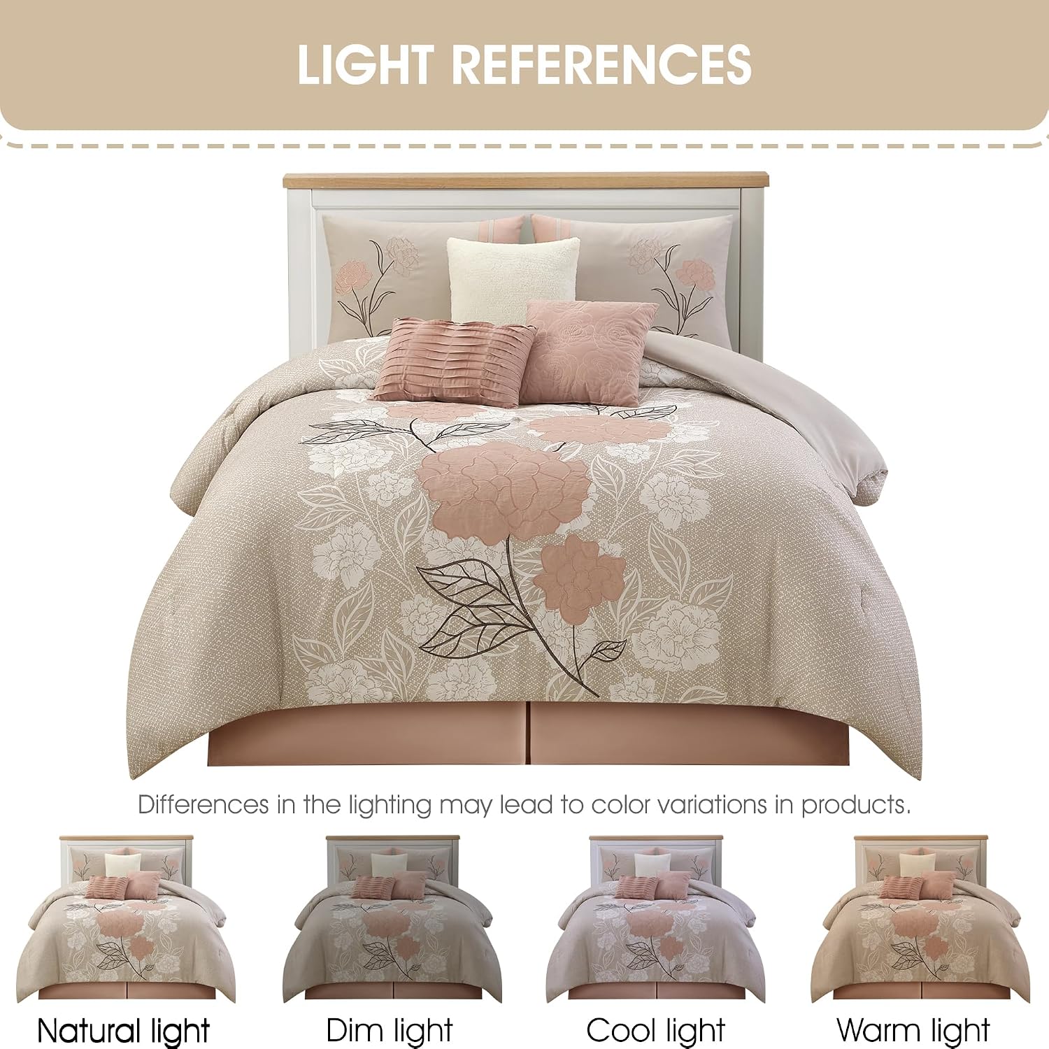 Grand Avenue Blush Bed Sets Queen with Comforter, 7 Piece, Bedding Comforters & Sets, Pillow Shams Bedskirt, Floral Comforters, Home Decor