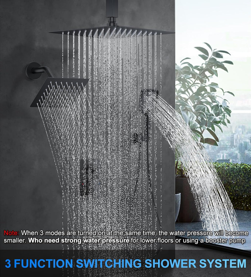Shower Faucet Set, 12' Ceiling Mount Rainfall Shower System with 12'' Top Head+6'' Side Head and Multi-function Handheld Head Push Button Diverter Shower Faucet Trim Kit (12', Matte Black)
