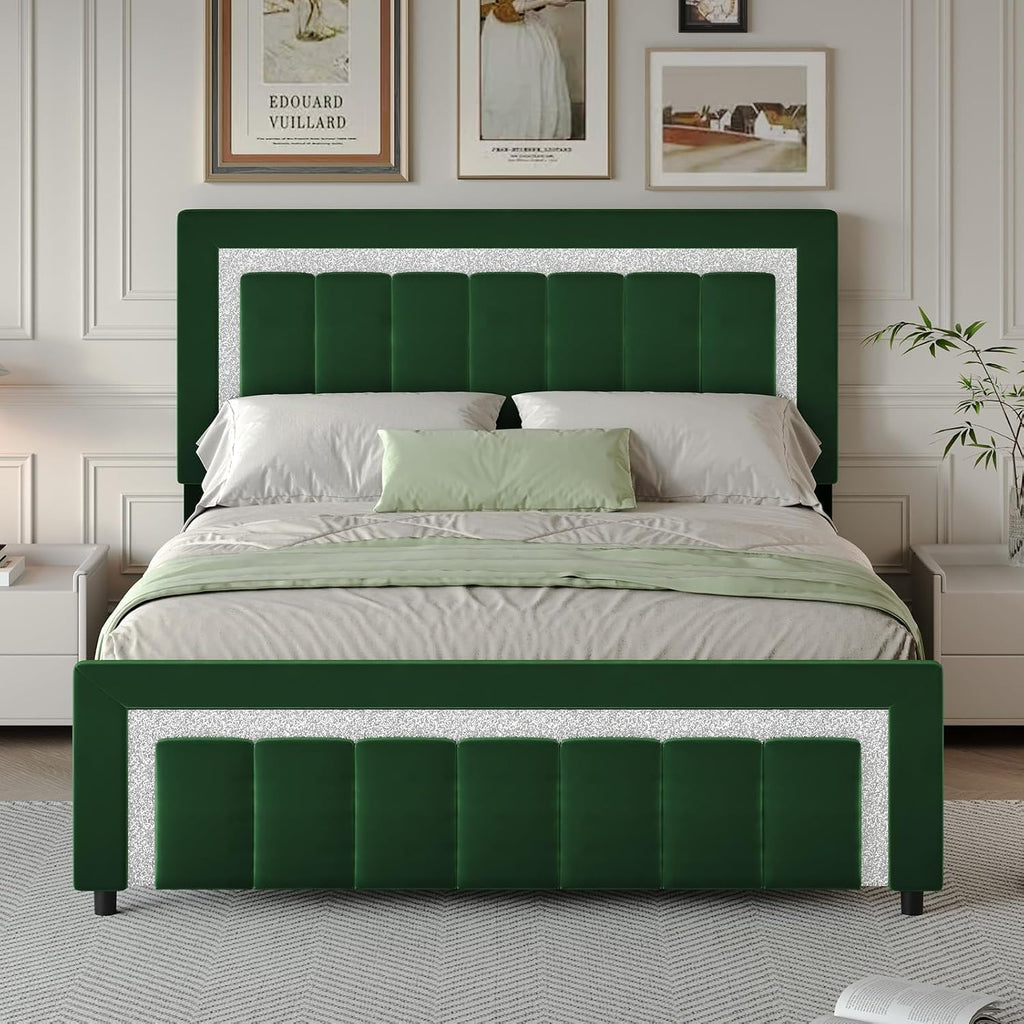 HOMBCK Bed Frame Queen Size with Upholstered Headboard and Footboard, Velvet Queen Bed Frames with Diamond Design, No Box Spring Required, Easy Assembly, Green