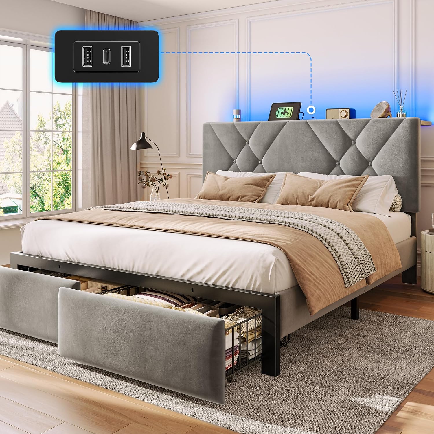EnHomee Full Bed Frame with 2 Storage Drawers and LED Lights, Velvet Platform Bed Frame with Charging Station, Upholstered Adjustable Headboard, No Box Spring Needed, Easy Assembly，Grey