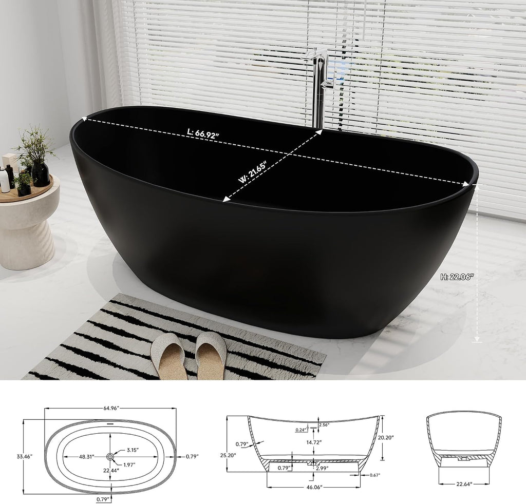 SJ STAR&JANE 65' Solid Surface Freestanding Bathtub Stone Resin Soaking Tub Matte Black Double Slippers Stand Alone Oval Tub with Pop-up Drain and Overflow for Bathroom
