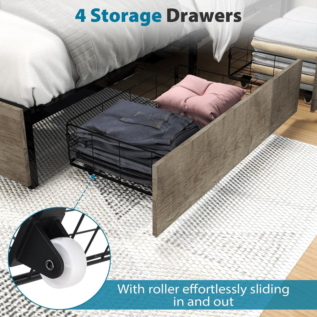 Kiivakii Full Size Bed Frame with 4 Storage Drawers, LED Platform Bed Frames with Headboard, Built in Charging Station, Noise Free, Stable and Solid, No Box Spring Needed, Gray
