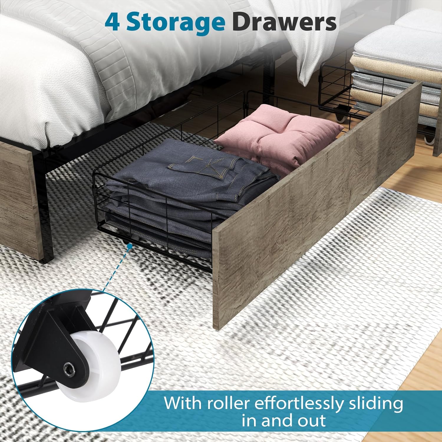 Kiivakii Full Size Bed Frame with 4 Storage Drawers, LED Platform Bed Frames with Headboard, Built in Charging Station, Noise Free, Stable and Solid, No Box Spring Needed, Gray