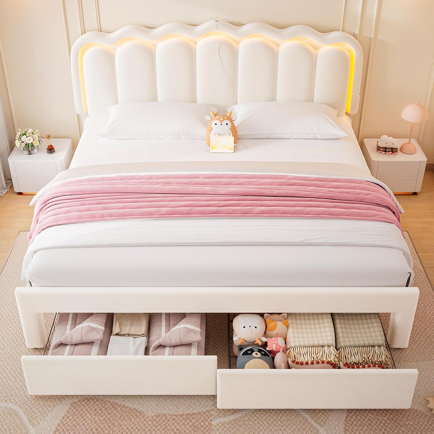 King Upholstered LED Bed Frame with 2 Storage Drawers and Adjustable Chic Double Wavy Headboard, Velvet Princess Platform Bed with Charing Station, Solid Wood Slats Support, No Box Spring Needed,Beige
