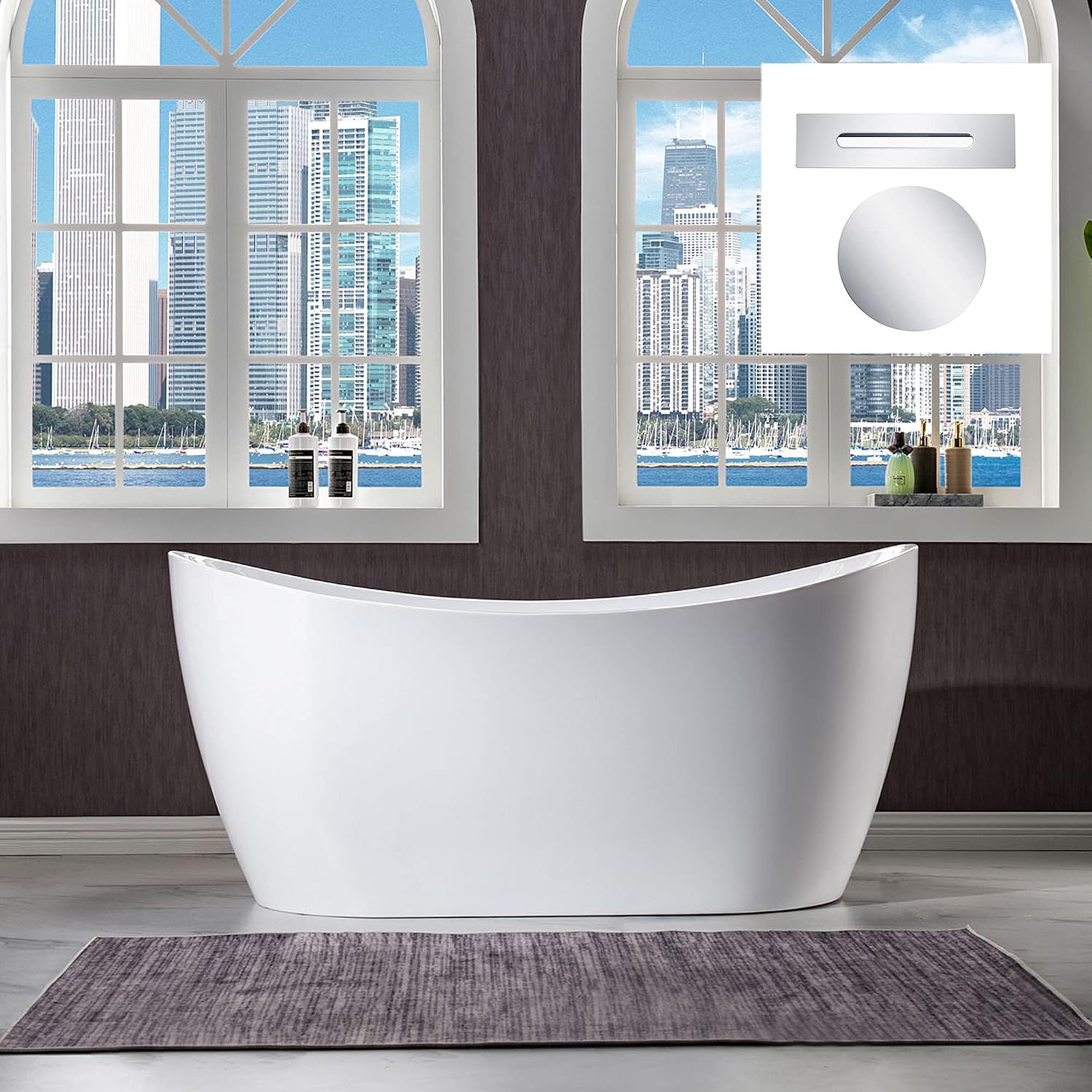 WOODBRIDGE 59'Freestanding White Acylic Soaking Bathtub with Chrome Drain and Overflow,B0011-CH