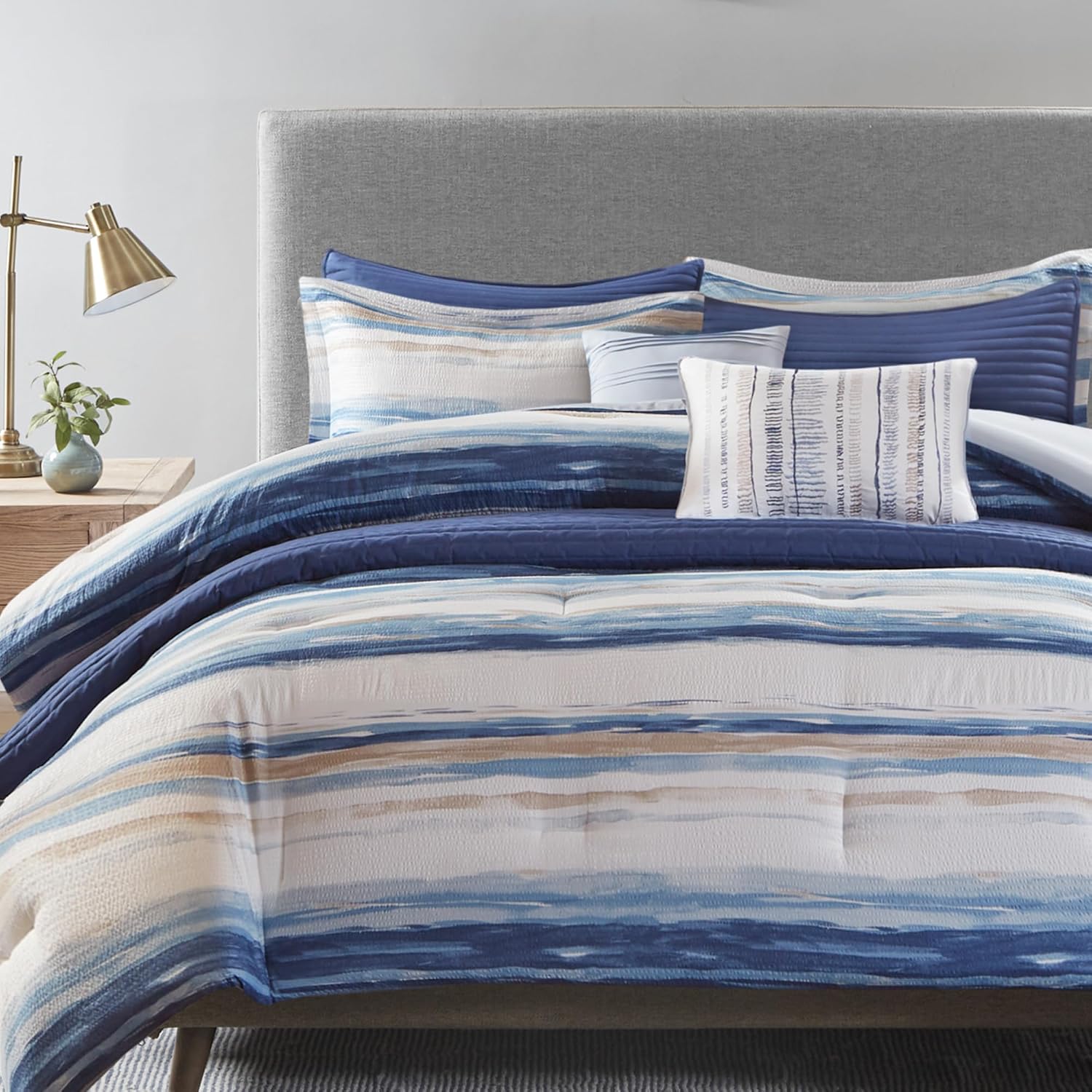 Madison Park Marina Comforter Quilt Combo Set - Modern Luxury Design, All Season Down Alternative Bedding, Matching Shams, Decorative Pillows, King/Cal King(104'x92') Seersucker Blue 8 Piece