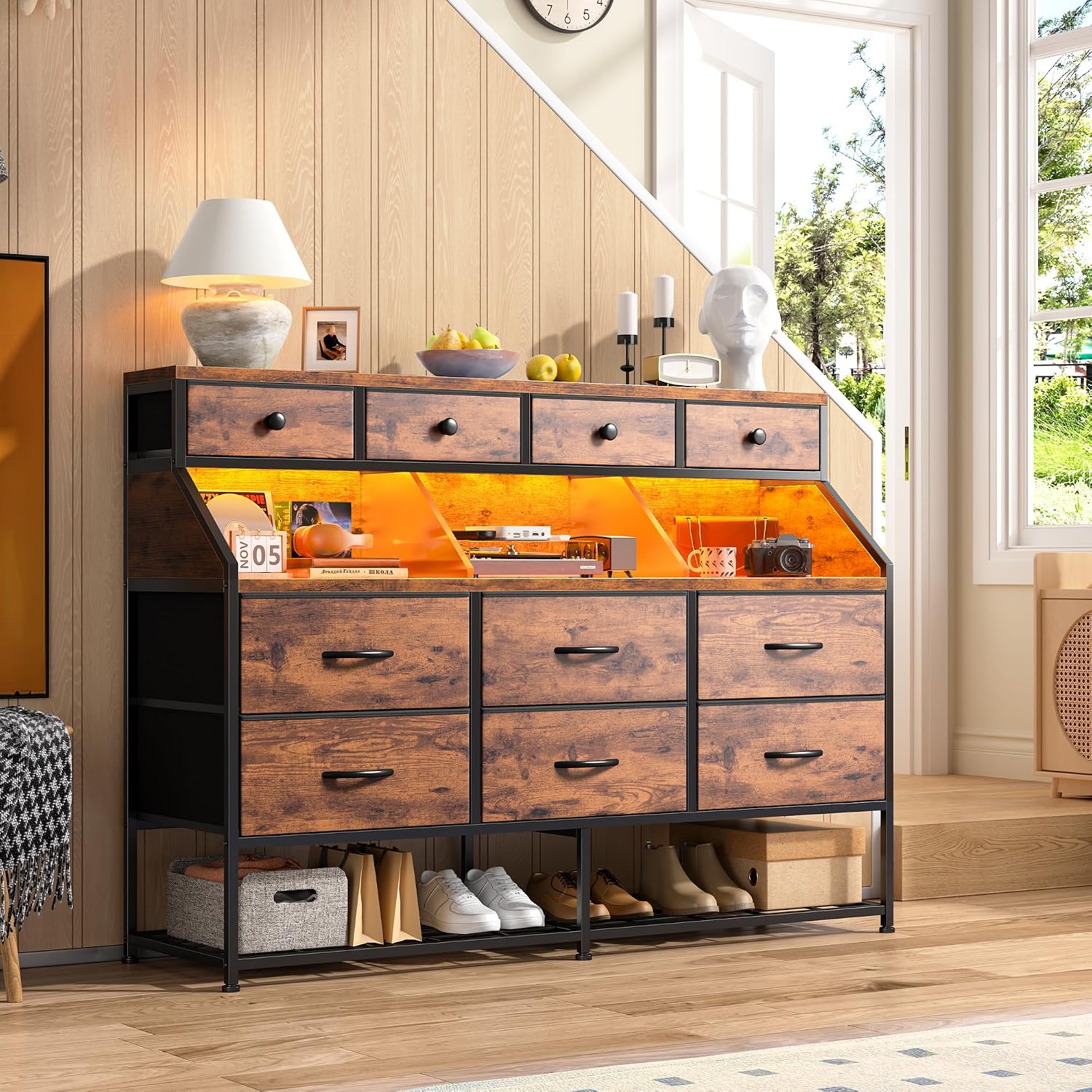 EnHomee Dresser for Bedroom with 10 Drawers & Shoe Rack Fabric Dressers & Chests of Drawers with LED Lights and Power Outlets Bedroom Dresser for Entryway, Hallway (Rustic Brown)