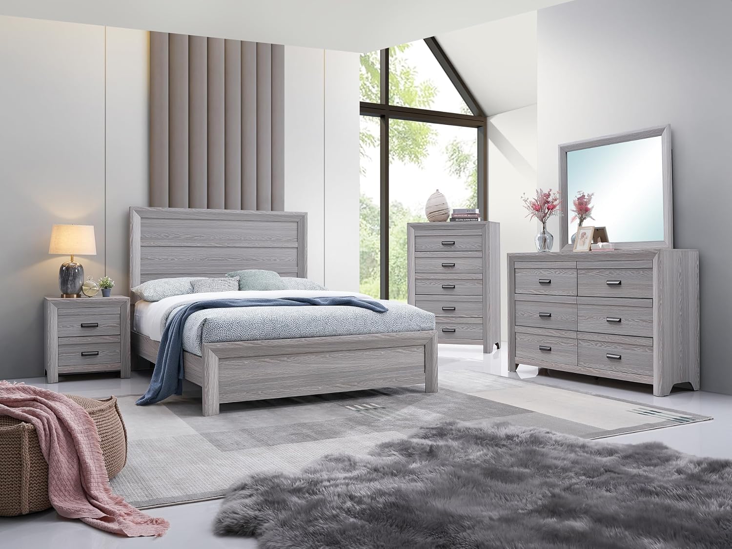 Drift Wood Grey Finish 6pc Queen Size Panel Bed Set Wooden Bedroom Furniture Contemporary