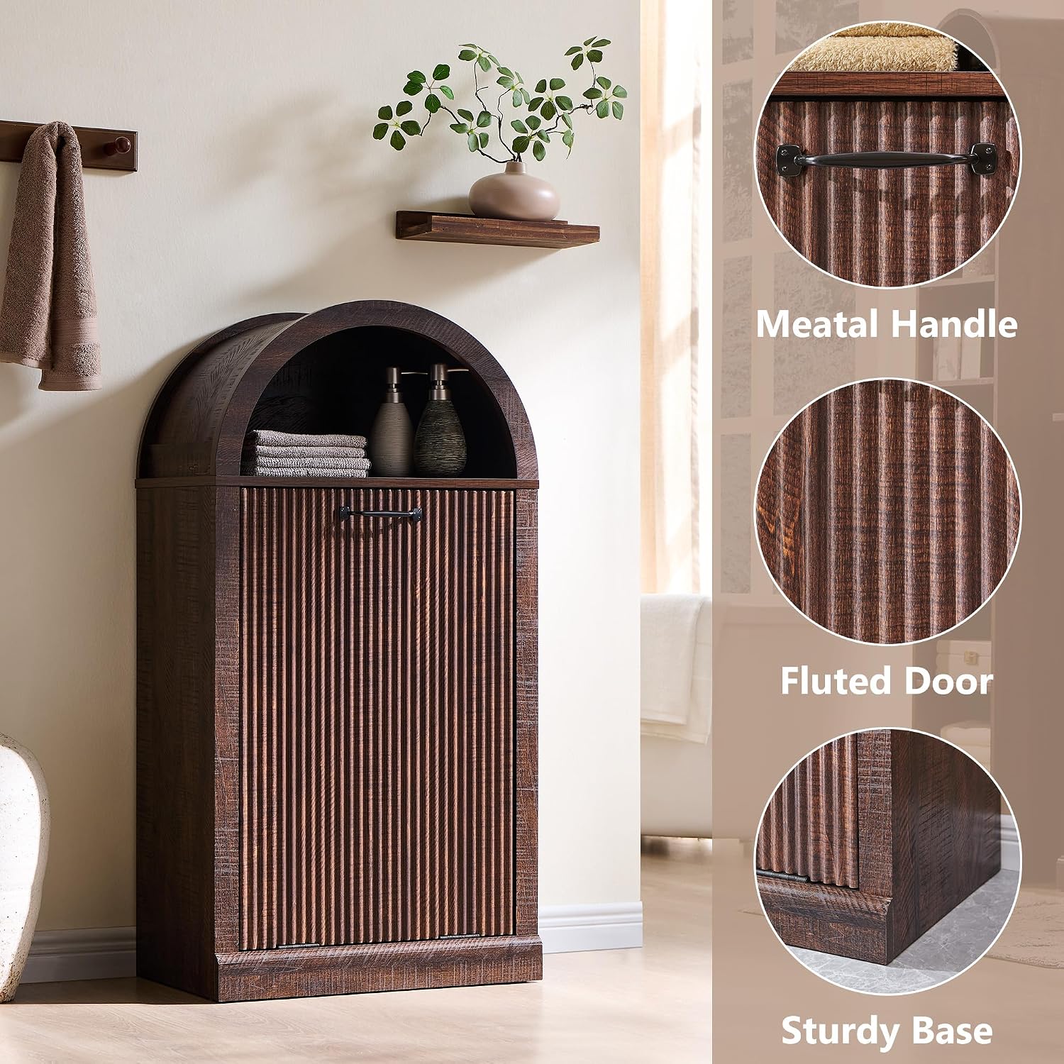 IFGET Arched Tilt-Out Trash Can Cabinet, Fluted 10 Gallon Trash Can Cabinet Set of 2, Modern Laundry Hamper, Hidden Garbage with Storage Basket for Kitchen, Living Room, Brown