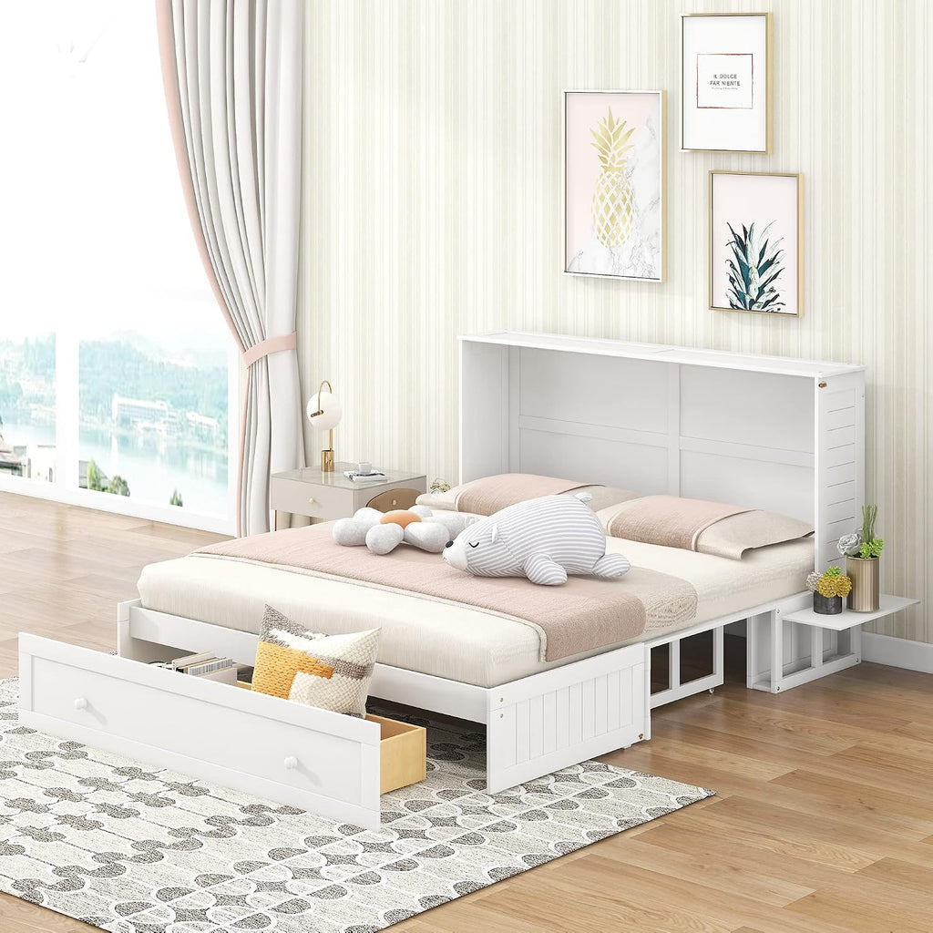 Queen Murphy Bed Cube Cabinet, Wood Murphy Bed Chest Bed with Drawer, 63'' Foldable Cabinet Bed for Dorm Loft Corner or Small Space