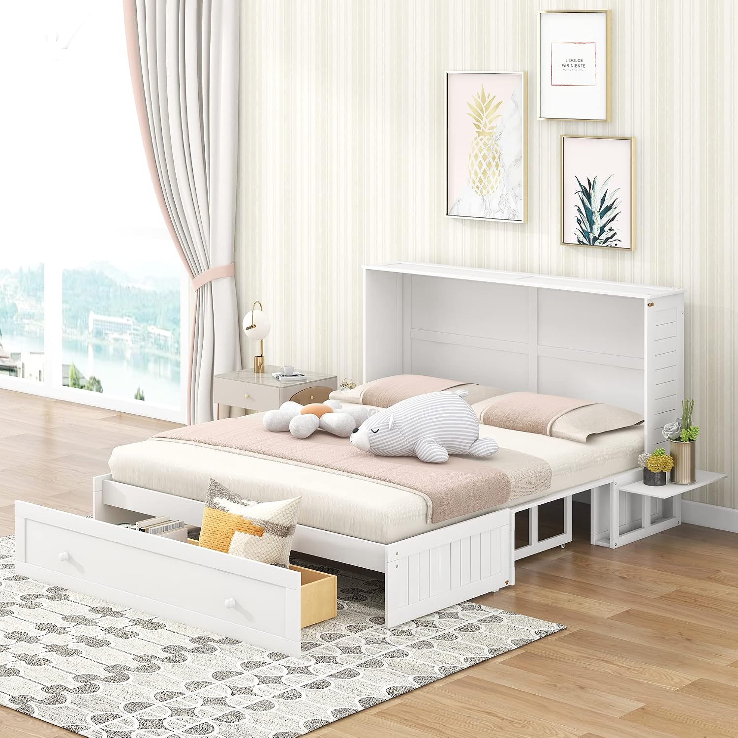 Queen Murphy Bed Cube Cabinet, Wood Murphy Bed Chest Bed with Drawer, 63'' Foldable Cabinet Bed for Dorm Loft Corner or Small Space