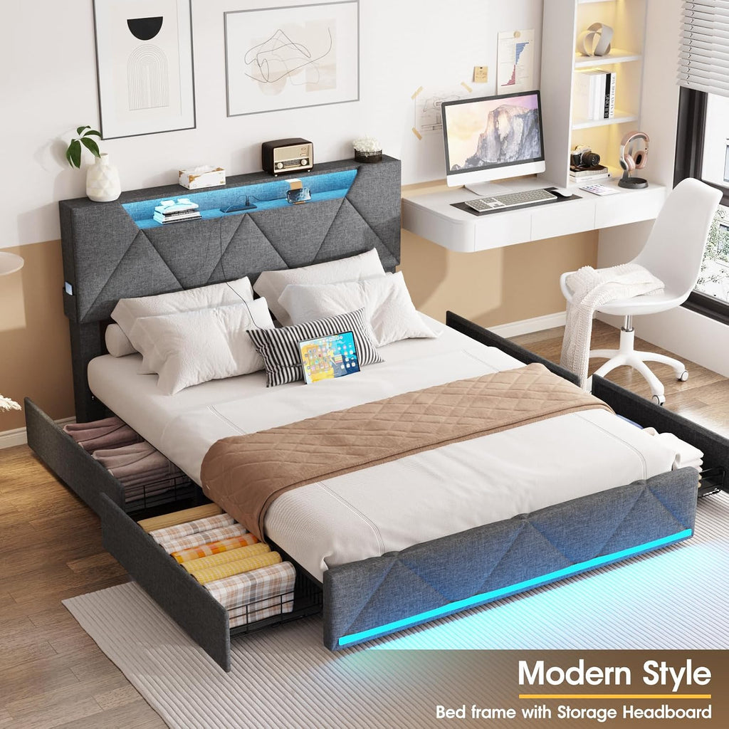 Vabches Queen Bed Frame with Storage Headboard and 4 Drawers,Upholstered Platform with Charging Station and Led Lights,Adjustable Headboard,No Box Spring Needed,Dark Grey