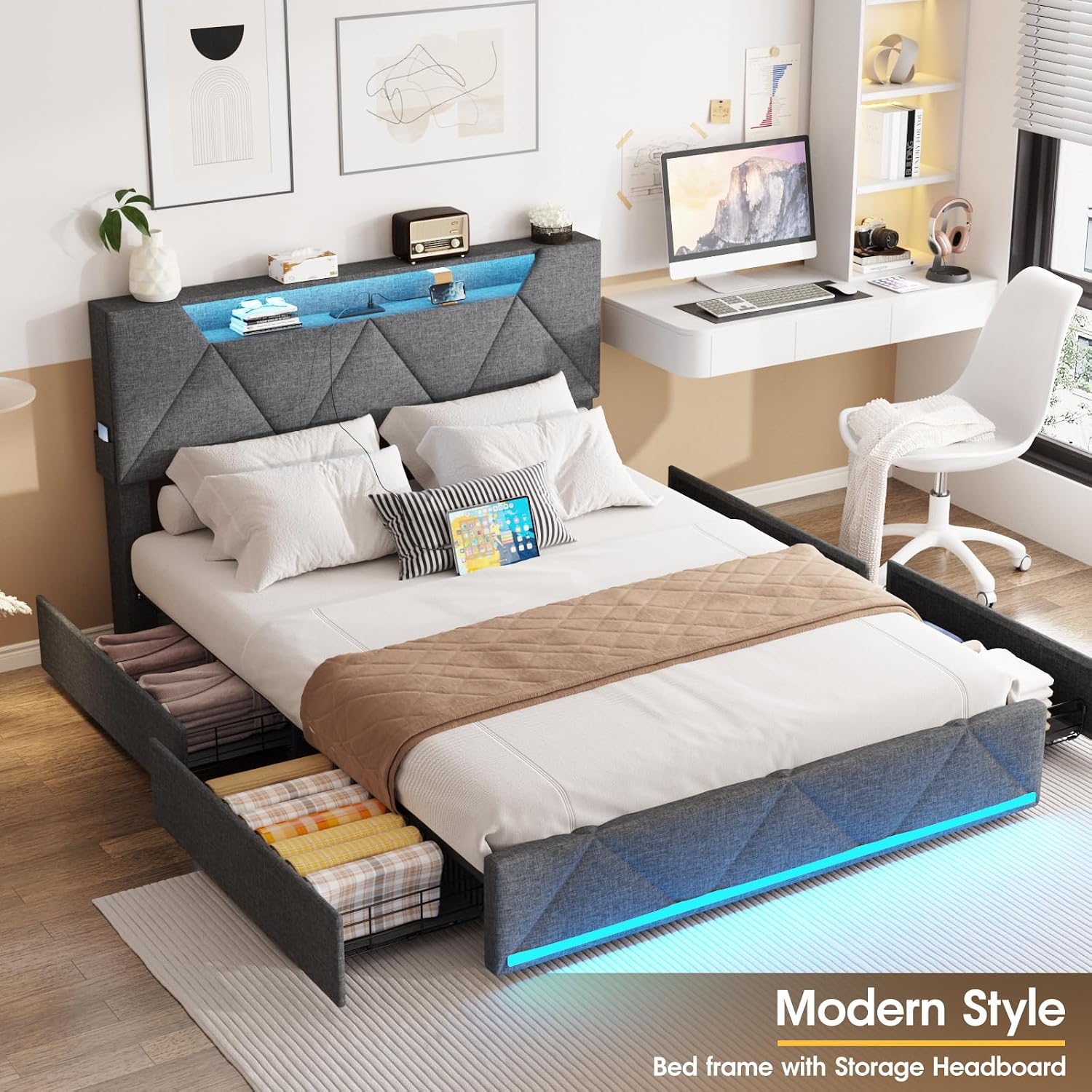 Vabches Queen Bed Frame with Storage Headboard and 4 Drawers,Upholstered Platform with Charging Station and Led Lights,Adjustable Headboard,No Box Spring Needed,Dark Grey