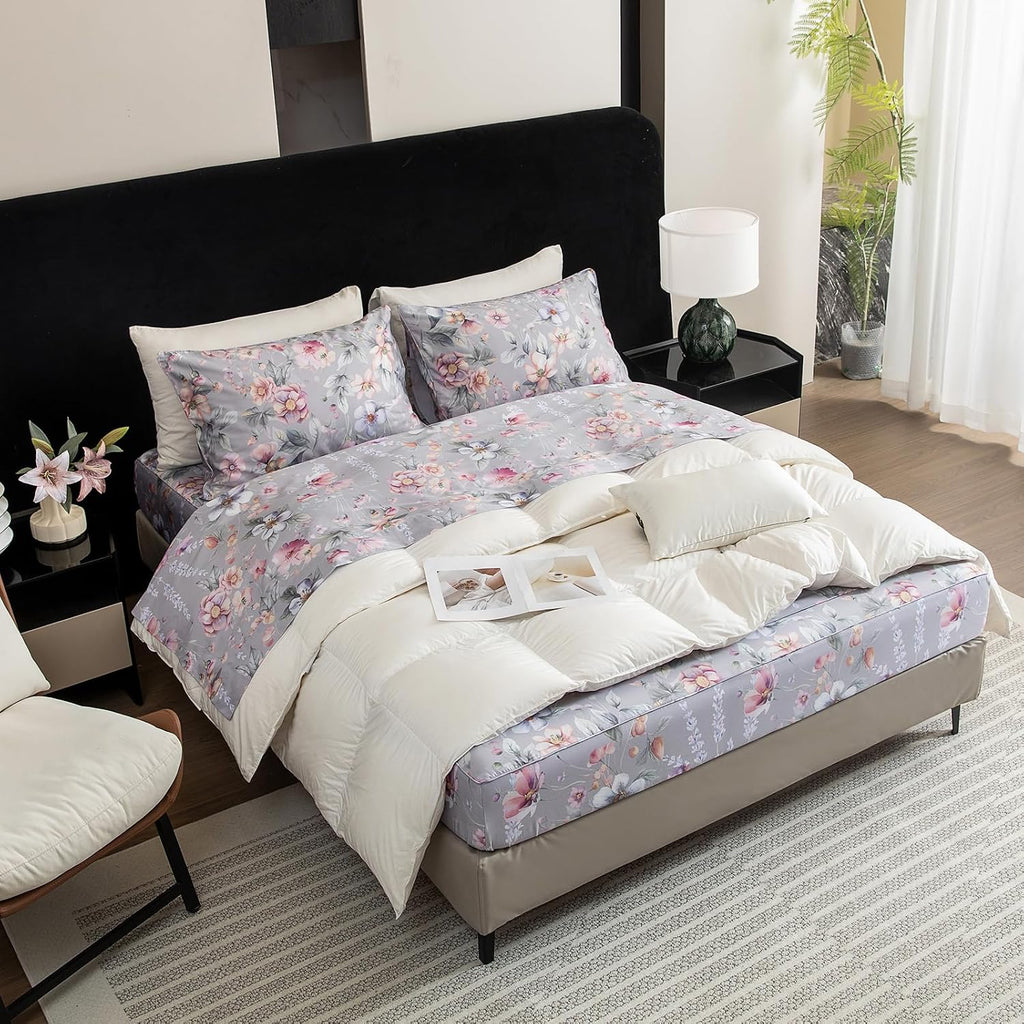 QSH Gray Floral Sheets Queen Size，Egyptian Cotton Sheets Queen Size Set Luxury Silk Feel Flowers Botanical Pattern Printed Bedding Sheet Extra Soft and Breathable 17.5' Deep Pockets Bed Sheet 4pcs