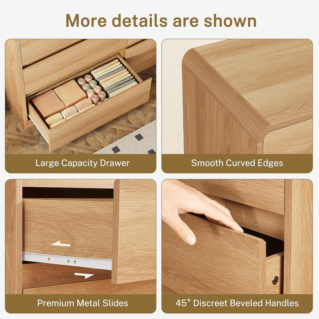 TEENFON 55' Dresser for Bedroom with 6 Drawers, Dressers & Chests of Drawers with Curved Profile Design, 6 Drawer Dresser, Bedroom Dressers, Wood Dressers for Bedroom, Hallway, Natural