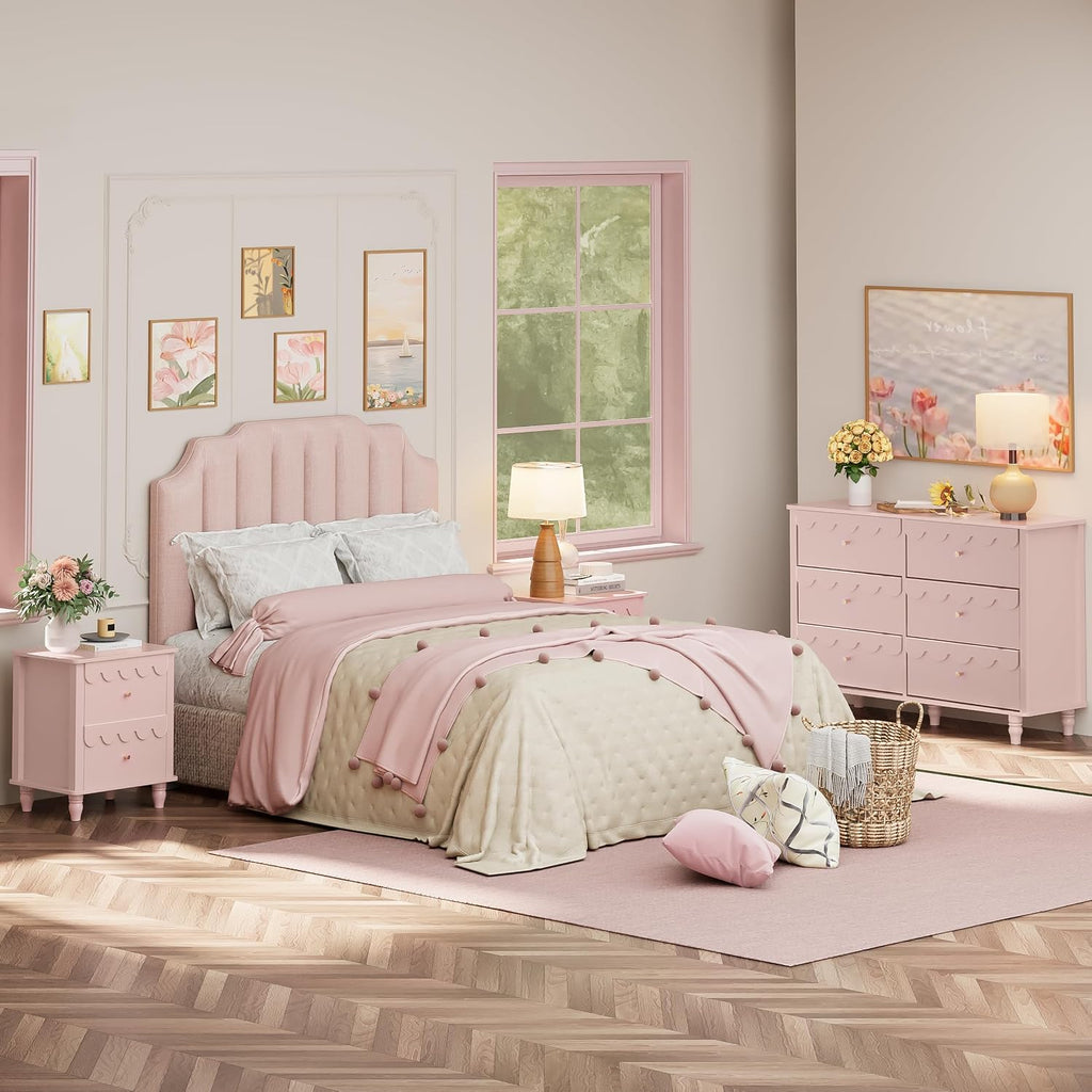 Anbuy Bedroom Sets Scalloped 6 Drawer Dresser and Night Stand Sets for Bedroom, Two Drawers Nightstand & 6 Drawer Dresser Combo 2 Pieces (Pink)