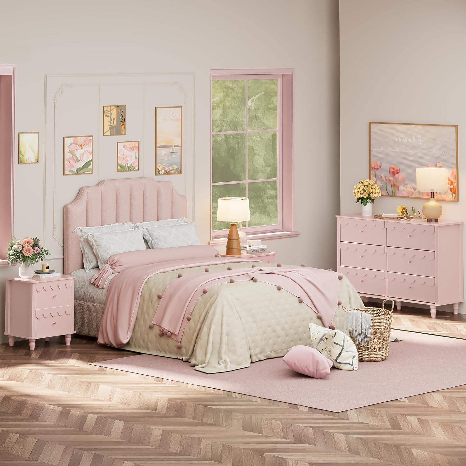 Anbuy Bedroom Sets Scalloped 6 Drawer Dresser and Night Stand Sets for Bedroom, Two Drawers Nightstand & 6 Drawer Dresser Combo 2 Pieces (Pink)